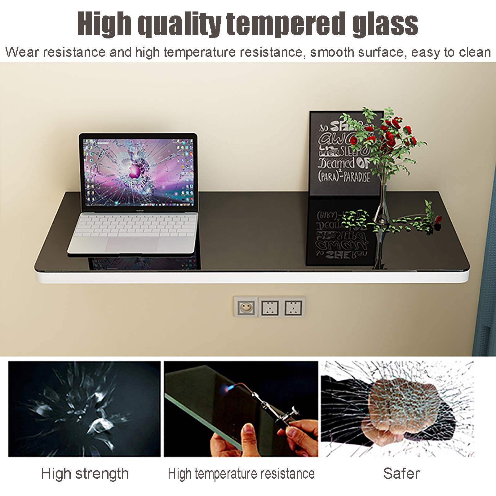 White Marble Pattern Tempered Glass Wall Mounted Folding Table - Drop-Leaf Computer Desk, Kitchen Dining Table & Floating Writing Desk for Home Office, Bar & Small Spaces