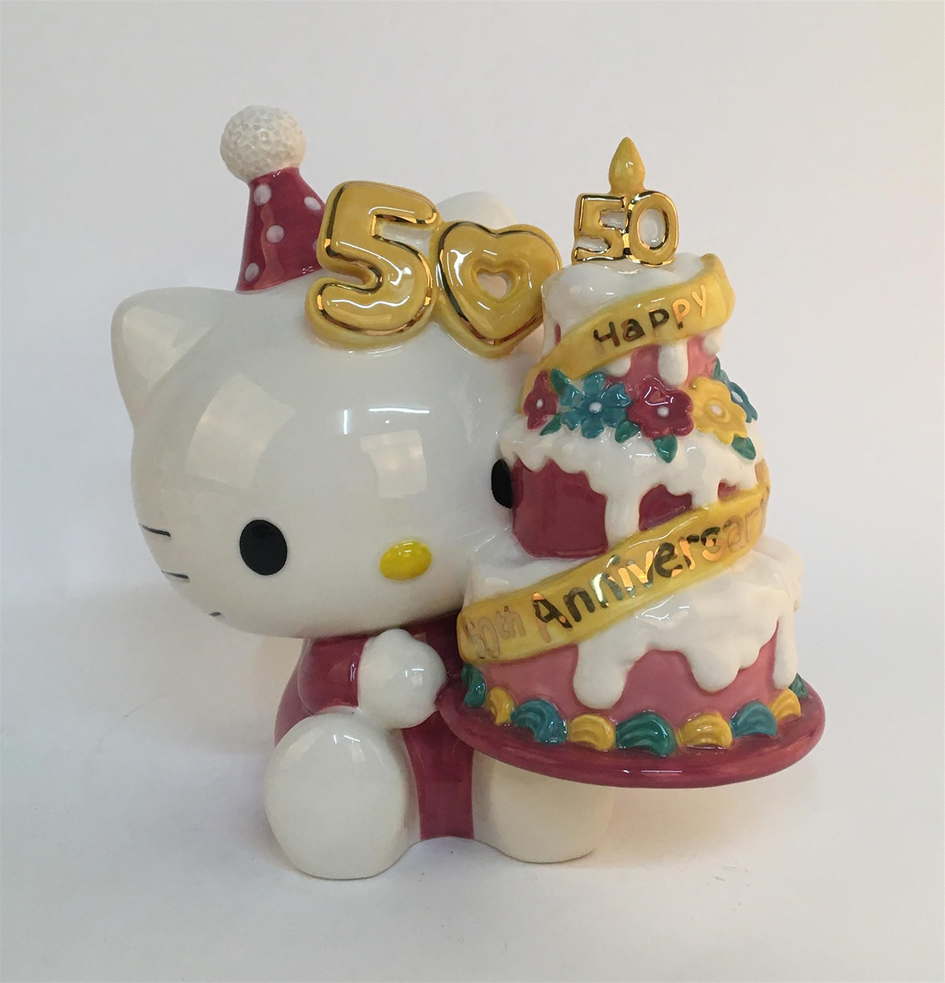 Blue Sky Clayworks Hello Kitty 50th Anniversary Mini Tiered Birthday Cake - Cute Collectible Ceramic Figurine for Party Decorations, Gift Giving & Kawaii Home Display