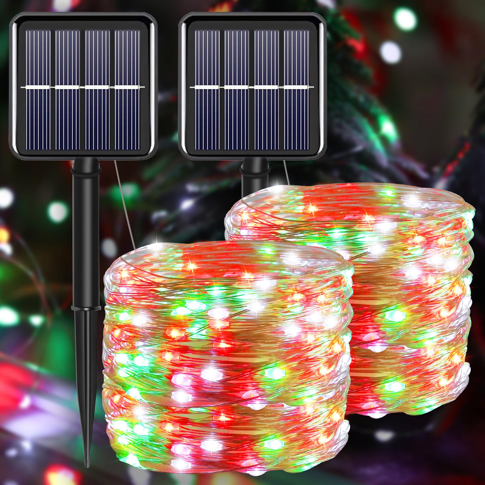 Solar Christmas Lights Outdoor Waterproof - 2 Pack 200 LED 66FT Red White Green Fairy String Lights IP67 with 8 Modes - Perfect for Tree, Garden, Patio, Fence, Balcony & Holiday Decorations