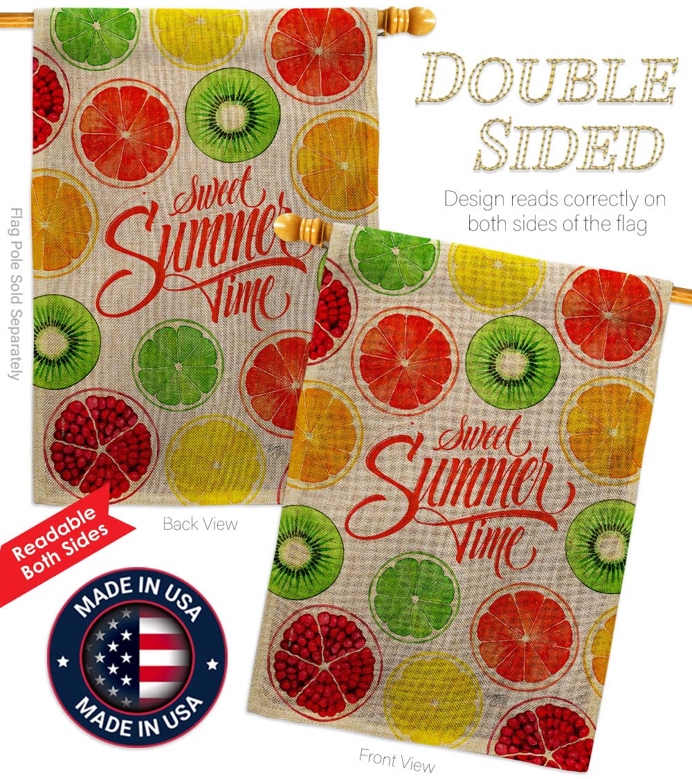 Breeze Decor Too Sweet Summer Burlap Garden House Flag Set - Double-Sided Pineapple, Strawberry, Apple & Watermelon Fruit Design | Tropical Aloha Yard Decoration Banner | Made in USA | Perfect for Patio, Front Porch & Outdoor Summer Parties