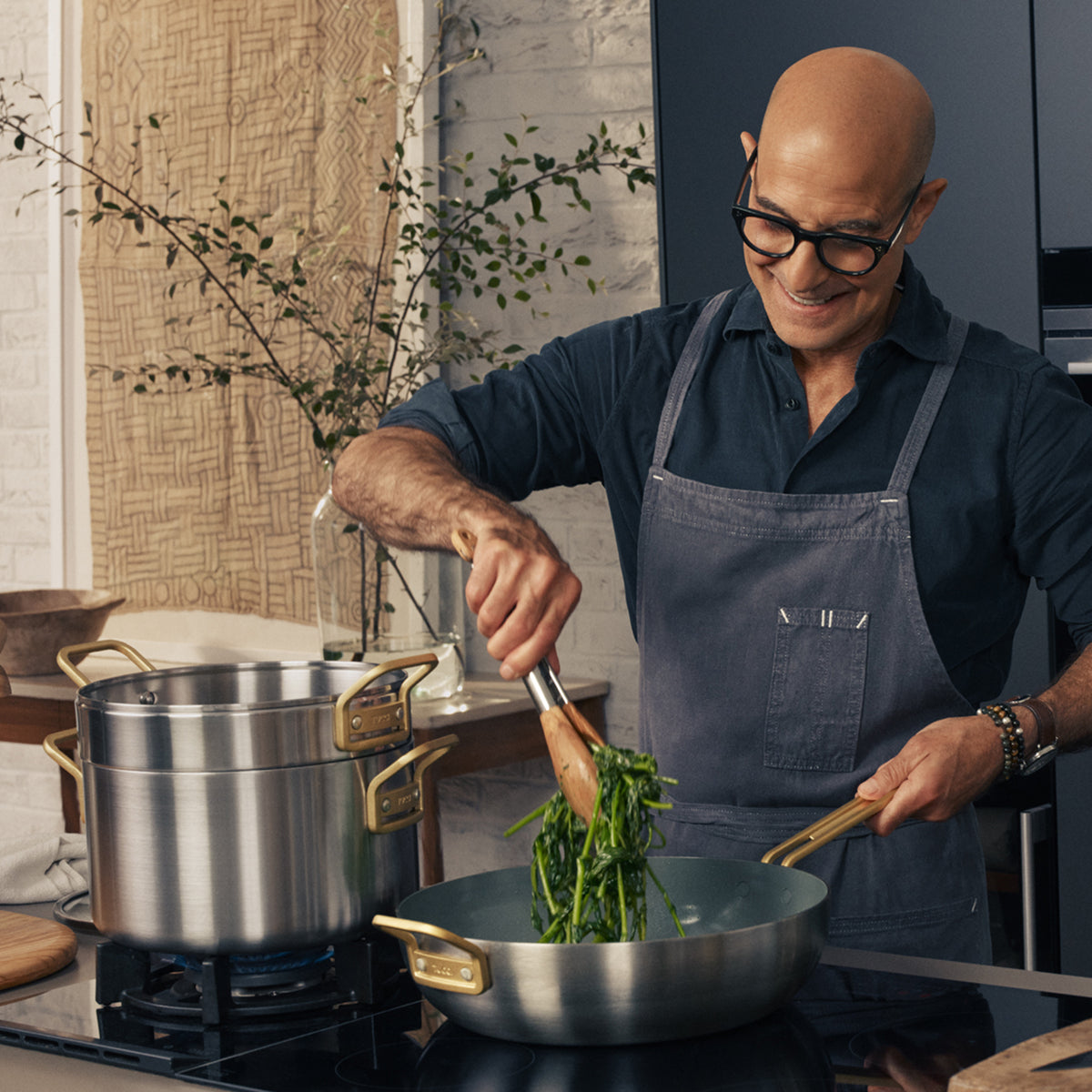 Stanley Tucci 11-Piece Stainless Steel & Ceramic Nonstick Cookware Set with Cookbook | Champagne Handles | Perfect for Home Cooking, Professional Chefs & Gift Giving