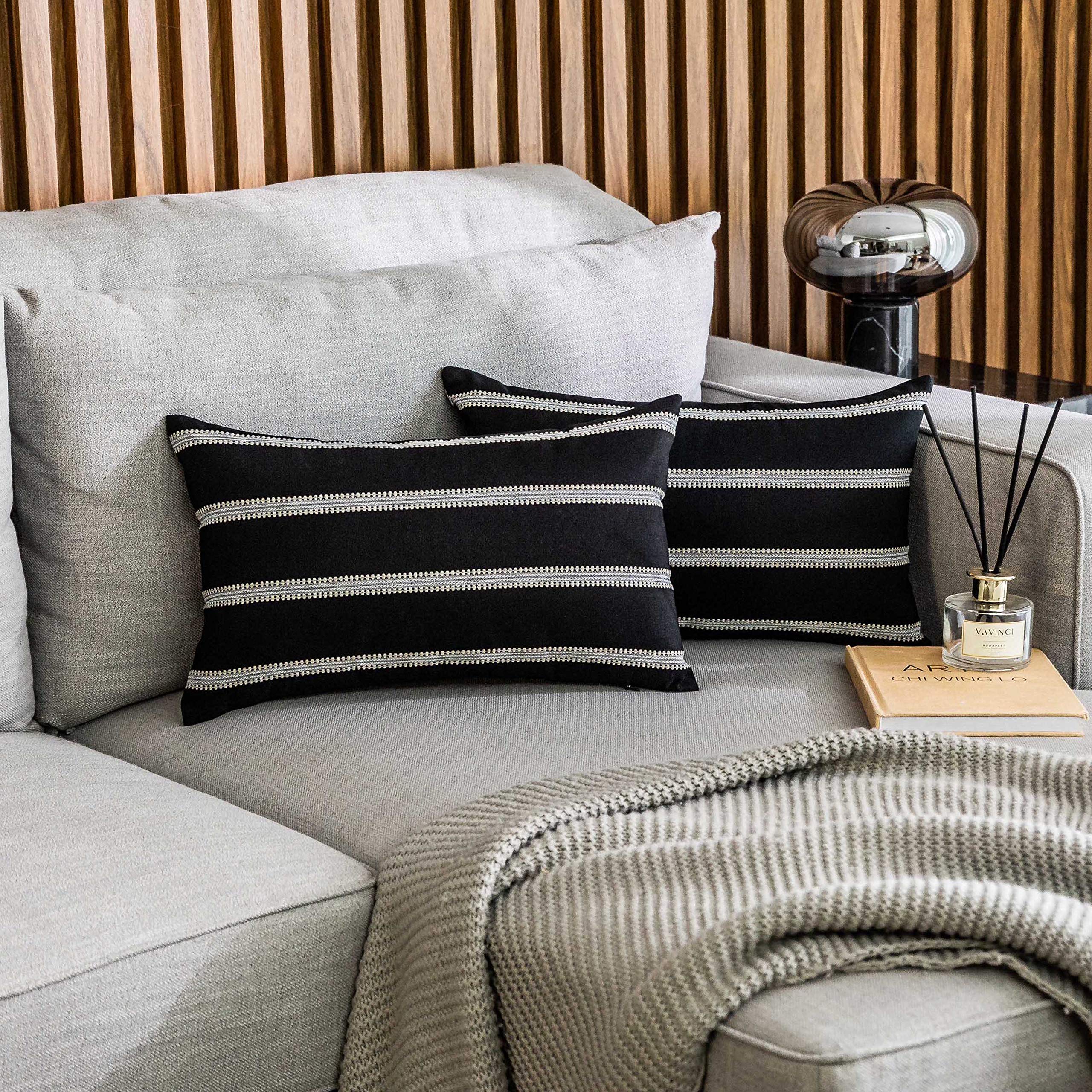 **Bohemian Striped Decorative Pillow Covers Set of 2 (12x20 inches) - Black Lumbar Throw Pillow Covers for Living Room, Teen Bedroom, Kids Room & Party Decor**    **Perfect for:** Boho Home Decor, Cozy Living Room Accents, Teen & Kids Room Styling, and Festive Party Decorations.