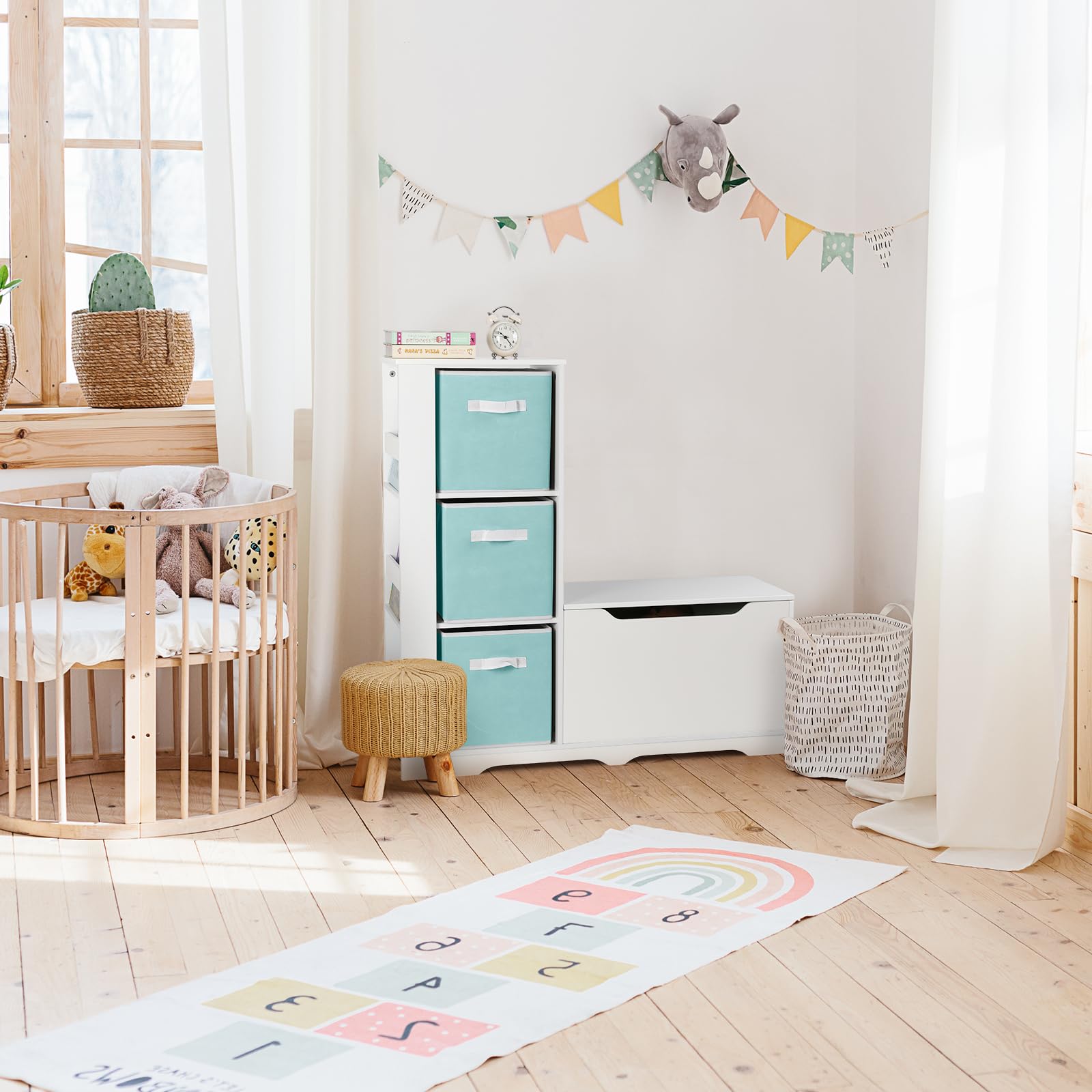 Cowiewie Kids Bookshelf with Reading Nook - Montessori Wooden Toy Storage Organizer Bench with Safety Hinged Seat for Bedroom & Playroom - Perfect for Storytime, Toy Organization & Cozy Reading Corners (Blue)
