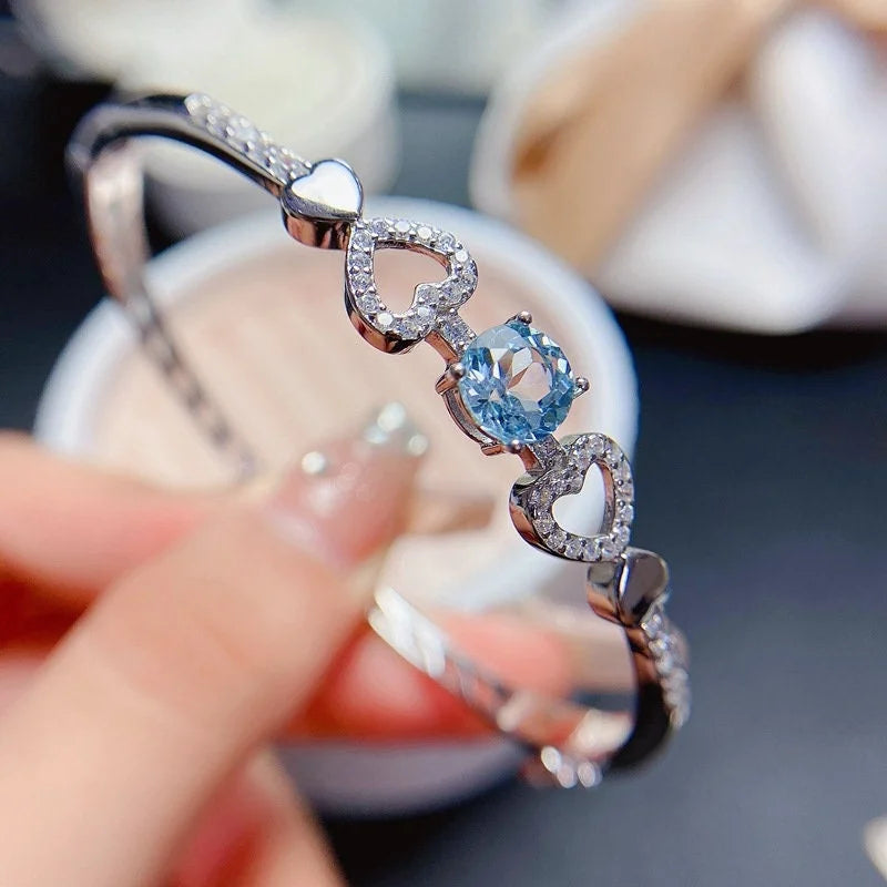 Swiss Blue Topaz Heart Bangle Bracelet for Women - 925 Sterling Silver Adjustable Charm Bracelet | Elegant Jewelry Gift for Valentine's Day, Anniversary & Special Occasions