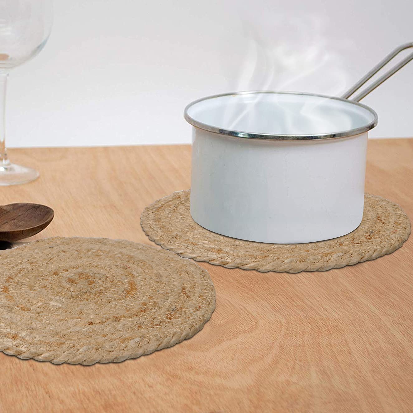 Eco-Friendly Jute Round Mats 10 Inch (25cm) - Set of 2 Natural Fiber Coasters for Coffee Table, Bedside, Dining Table & Heat Protection | HomeStorie® Sustainable Home Decor