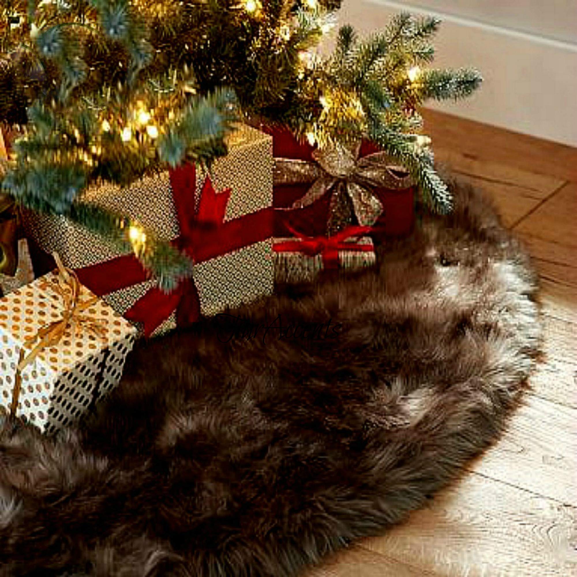 Premium Dark Sable Brown Faux Fur Christmas Tree Skirt - 3 Foot Round Mink Bearskin Shag Design for Holiday Decor (Perfect for Living Room, Fireplace & Festive Home Decorations)