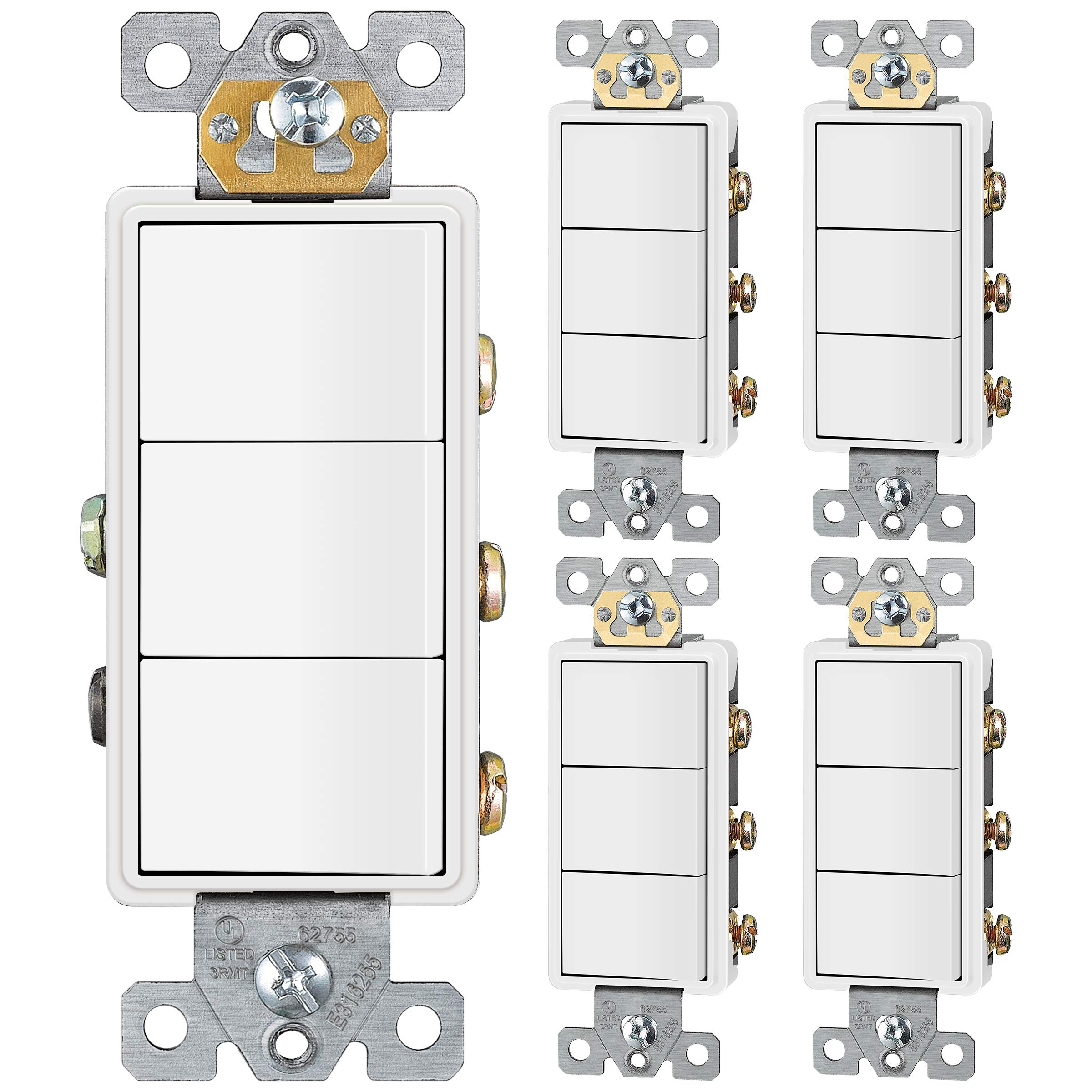 ENERLITES 62755-W 15A 120V-277V Triple Paddle Rocker Switch, Ground Terminal, Clamp Wiring, Single Pole, Residential Grade, White (5-Pack) - Perfect for Home Lighting Control, Bedroom, Living Room & Office Use