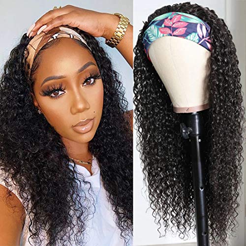 360 Lace Frontal Human Hair Headband Wig for Black Women - Kinky Curly Glueless Remy Hair with Scarf - 20 Inch Natural Color | Perfect for Daily Wear, Parties & Protective Styling
