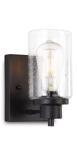 Black Industrial Wall Sconce with Seeded Glass Shade - 1-Light Farmhouse Vanity Fixture for Bathroom, Vintage Indoor Lighting for Kitchen, Bedroom, Hallway & Entryway - Perfect for Rustic Home Decor and Cozy Ambiance