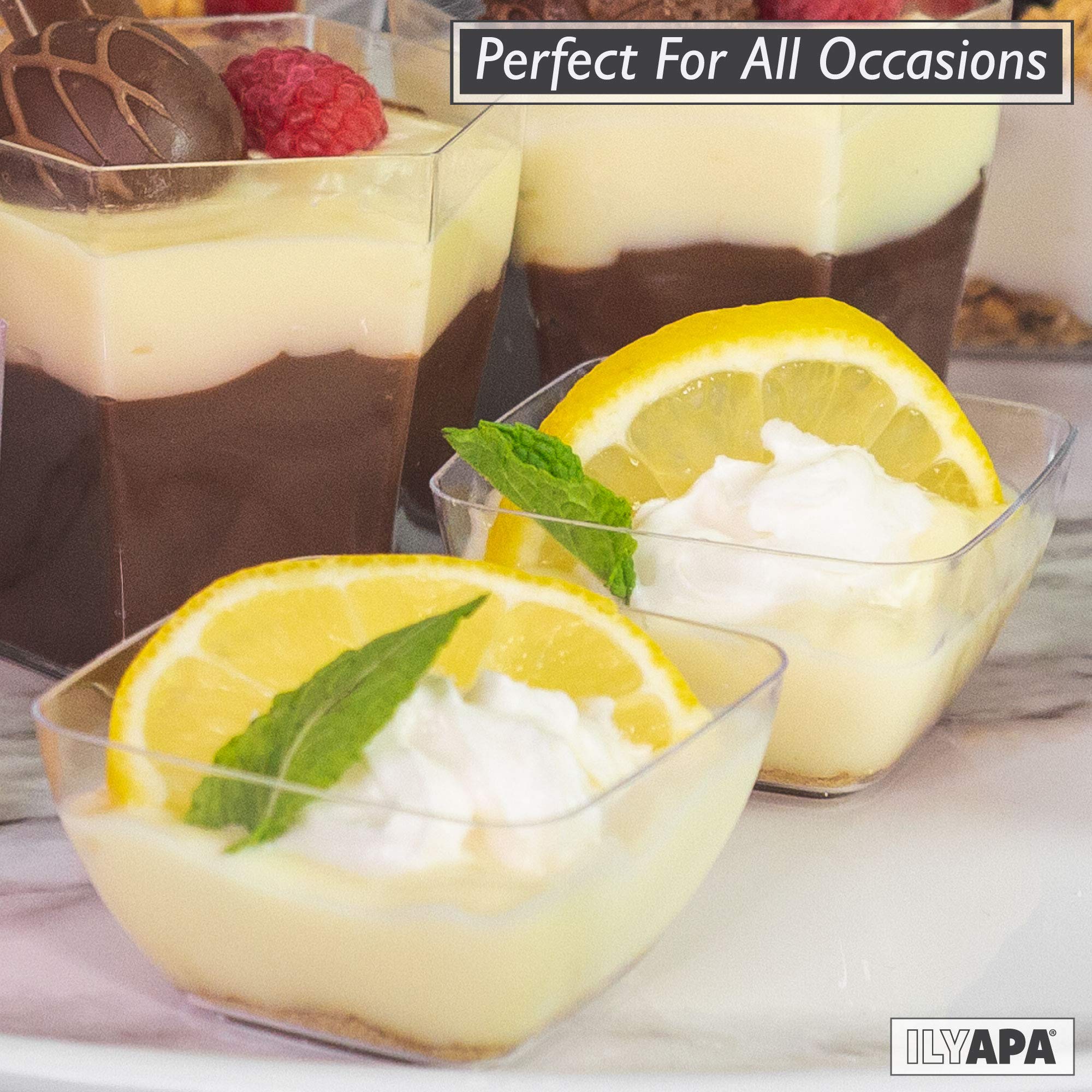 Ilyapa 2oz Clear Plastic Dessert Cups with Spoons - 100 Pack Reusable Mini Appetizer Containers for Cheesecake Shooters, Chocolate Mousse, Parfait - Perfect for Parties, Catering, Weddings & Dessert Bars - Square Small Disposable Cups