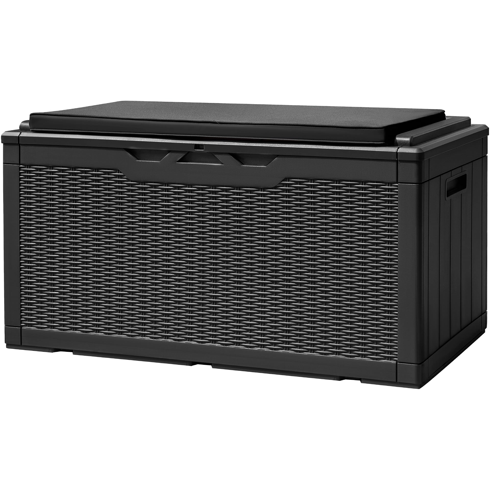 Devoko 100 Gallon Waterproof Outdoor Deck Storage Box with Cushion - Large Patio Furniture Organizer for Cushions, Pool Toys & Garden Tools (Black) - Perfect for Backyard, Poolside & Deck Storage