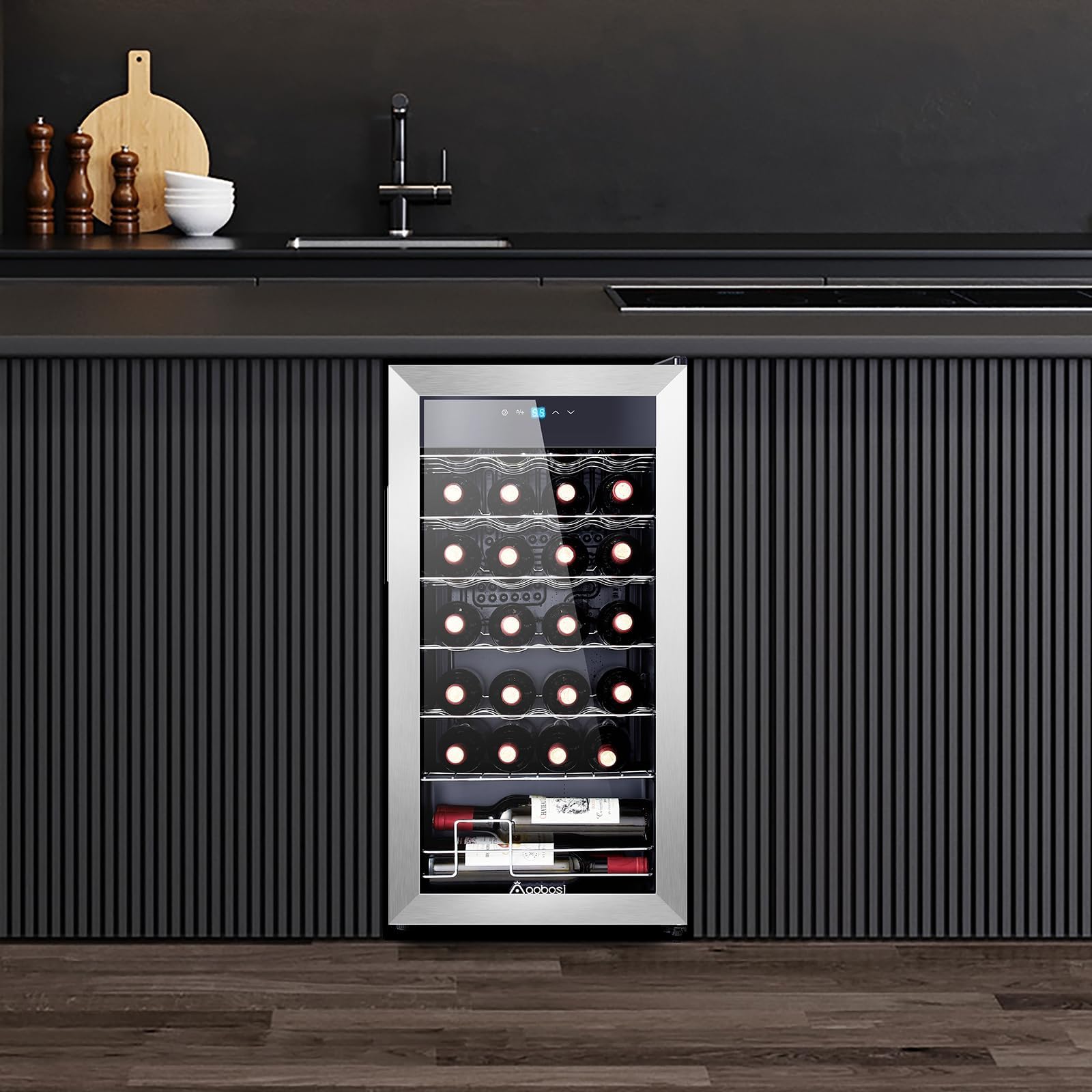 AAOBOSI 17 Inch Freestanding Wine Cooler Refrigerator - 28 Bottle Capacity, Double-Paned Tempered Glass, Low Noise Compressor, Blue LED Display with Temperature Memory & Adjustable Shelves - Perfect for Home Bar, Kitchen, Basement or Office Wine Storage