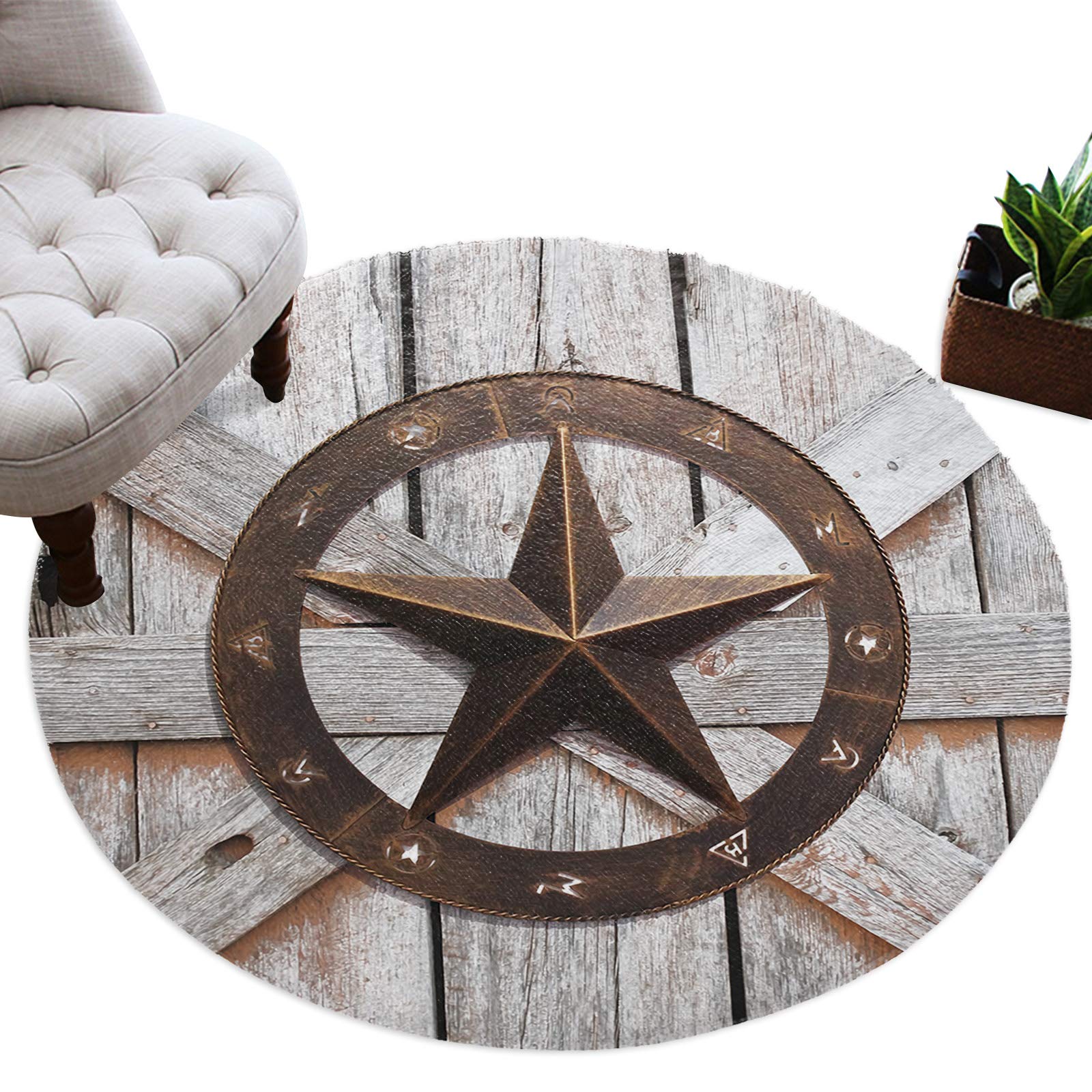 OneHoney Round Plush Area Rug - Soft Shaggy Carpet with Metal Star & Western Texas Carved Design, Brown Furry Circle Rug for Farmhouse & Vintage Decor - Perfect for Bedroom, Living Room, Nursery & Kids Room - Cozy Floor Mat for Home Comfort