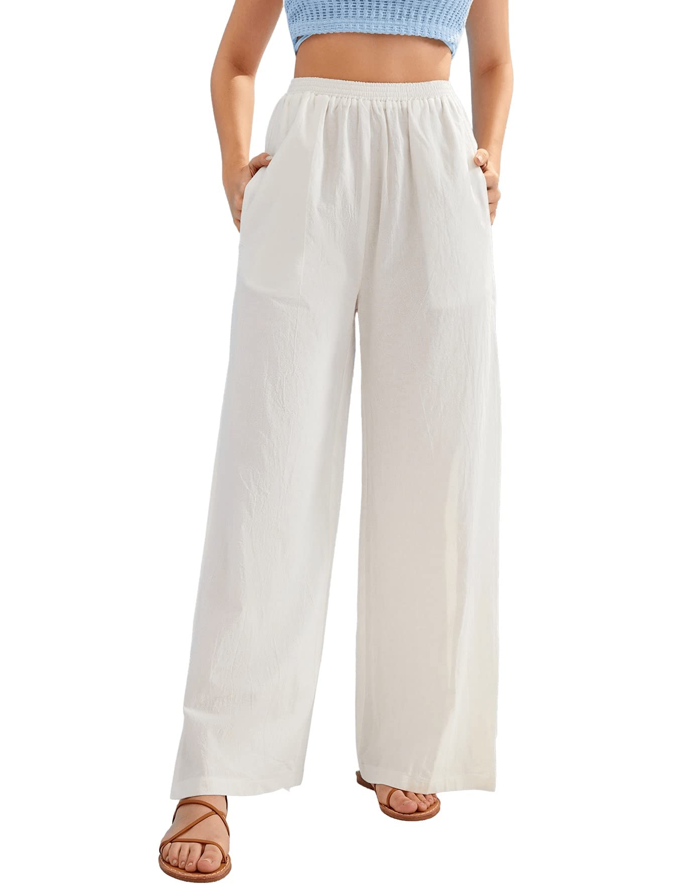 SweatyRocks Women's High Waist Elastic Wide Leg Pants with Pockets - Casual Split Hem Trousers for Work, Travel & Everyday Wear