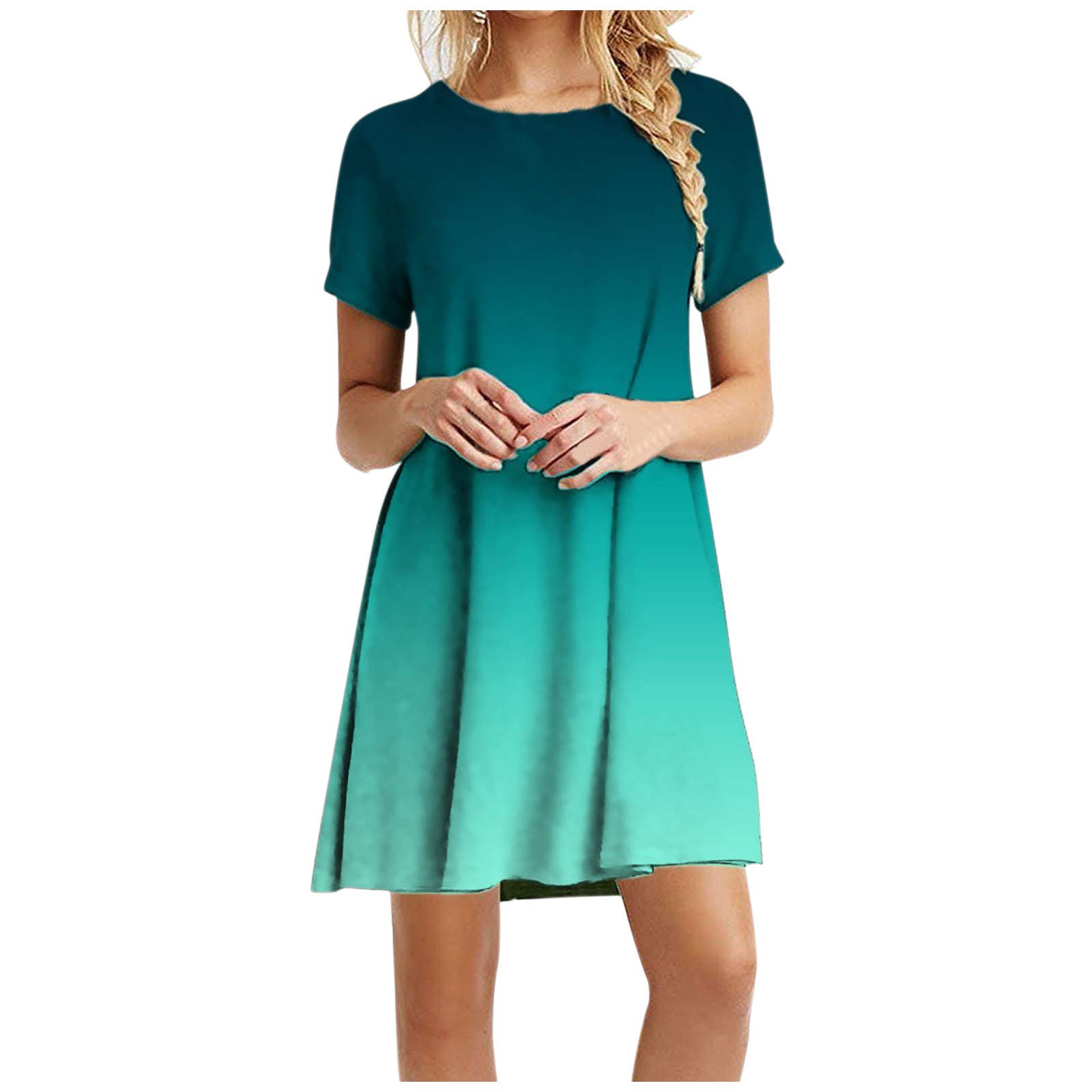 Women's Floral Print Short Sleeve Mini Dress - Gradient Color Loose Fit Casual Summer Dress for Beach, Vacation & Outdoor Activities