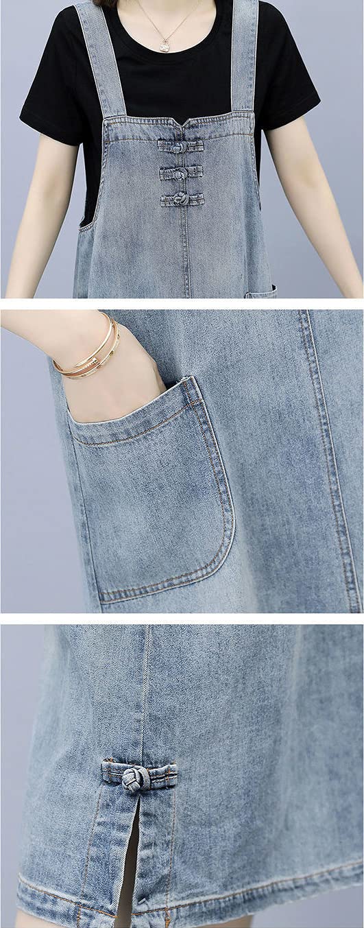 Women's Casual Frog Button Denim Overalls Dress A-Line Midi Long - Stylish Retro Outfit for Streetwear, Date Night & Spring Fashion
