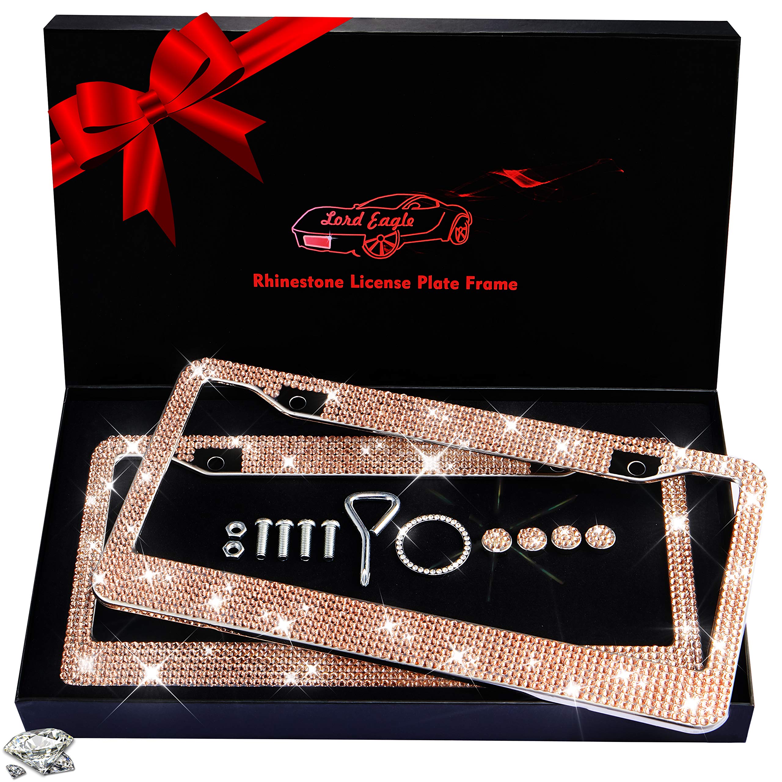 Luxury Lord Eagle Rhinestone License Plate Frame - 2 Pack with 1050+ 14-Facet SS16 Champagne Crystals, Handcrafted Gift Box - Perfect for Cars, SUVs, Trucks & Motorcycles - Elegant Auto Accessory for Women & Men