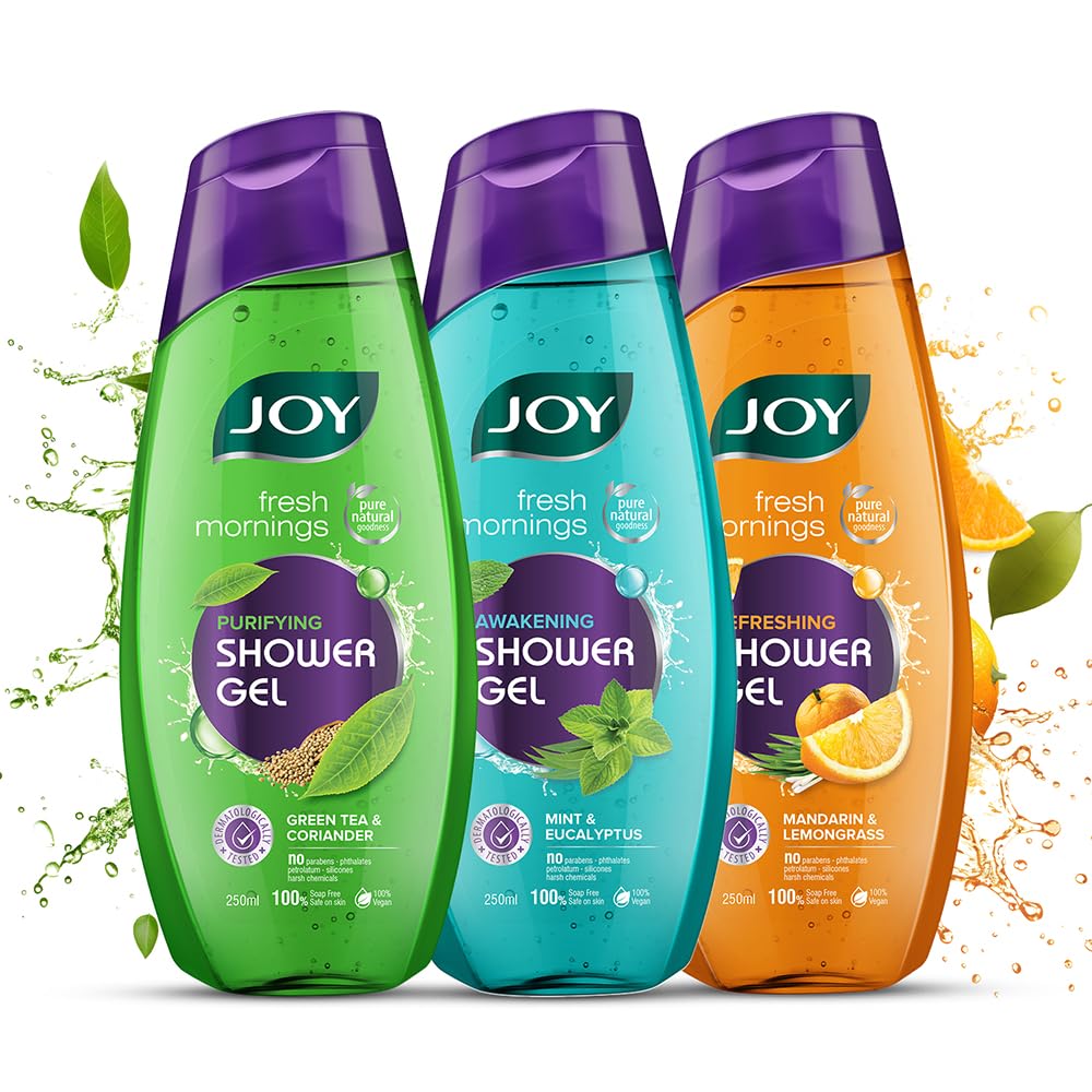 Joy Shower Gel Body Wash Combo Pack of 3 (750ml) - Cooling, Skin Purifying & Acne Control Body Wash for All Skin Types | Paraben Free & Vegan | Perfect for Daily Shower, Gym & Travel