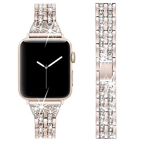 BestMin Bling Replacement Band Compatible with Apple Watch 38mm 40mm 42mm 44mm - Sparkling Women's Wrist Strap for Apple Watch SE, Series 6/5/4/3/2/1 - Champagne Gold - Perfect for Workouts, Parties & Everyday Wear