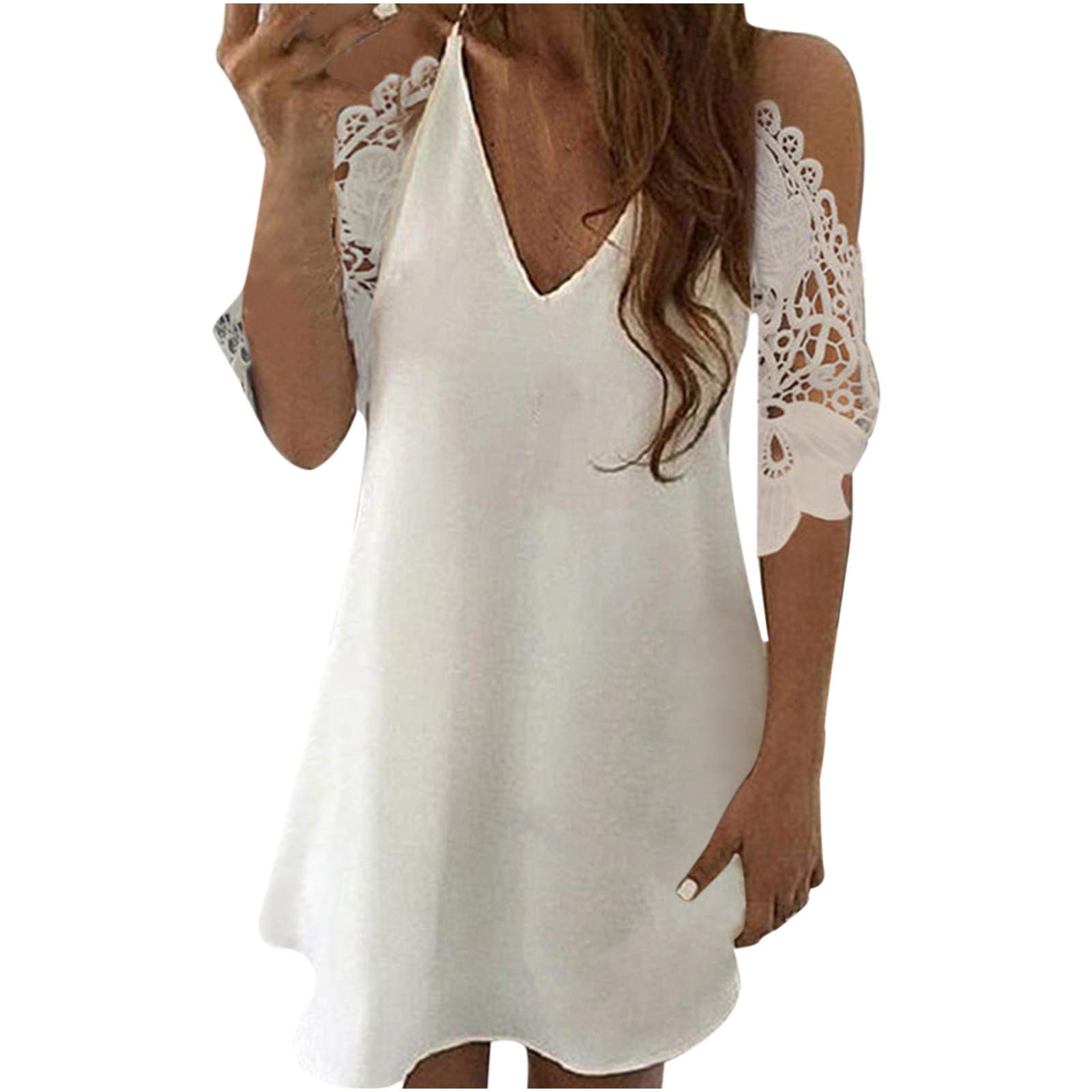 Fashion Women's V-Neck Lace Hollow Out Strapless Solid Sexy Sling Dress - White XXL | Perfect for Cocktail Parties, Date Nights & Summer Vacations