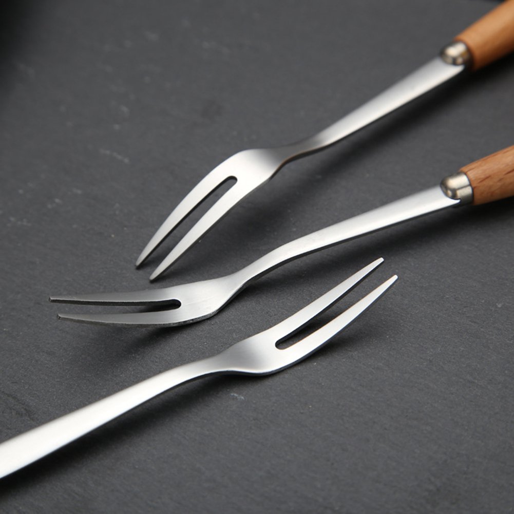 6-Piece Stainless Steel Two-Prong Forks with Wooden Handles - Perfect for Fruit, Cake, Appetizers & Desserts - Ideal for Parties, Picnics & Elegant Dining