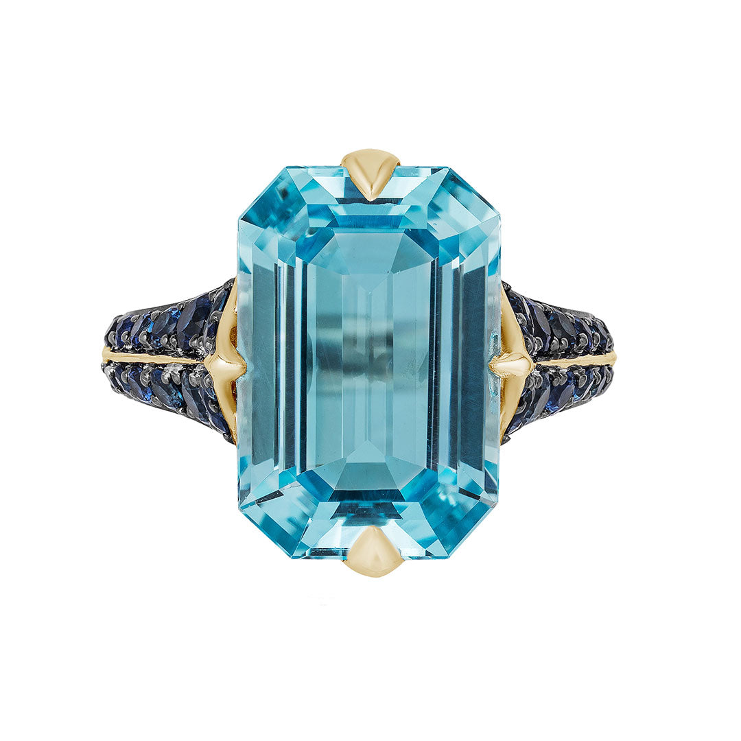 Goshwara 18K Gold Emerald Cut Blue Topaz & Sapphire Ring for Women - Elegant Jewelry Gift for Engagement, Anniversary & Special Occasions