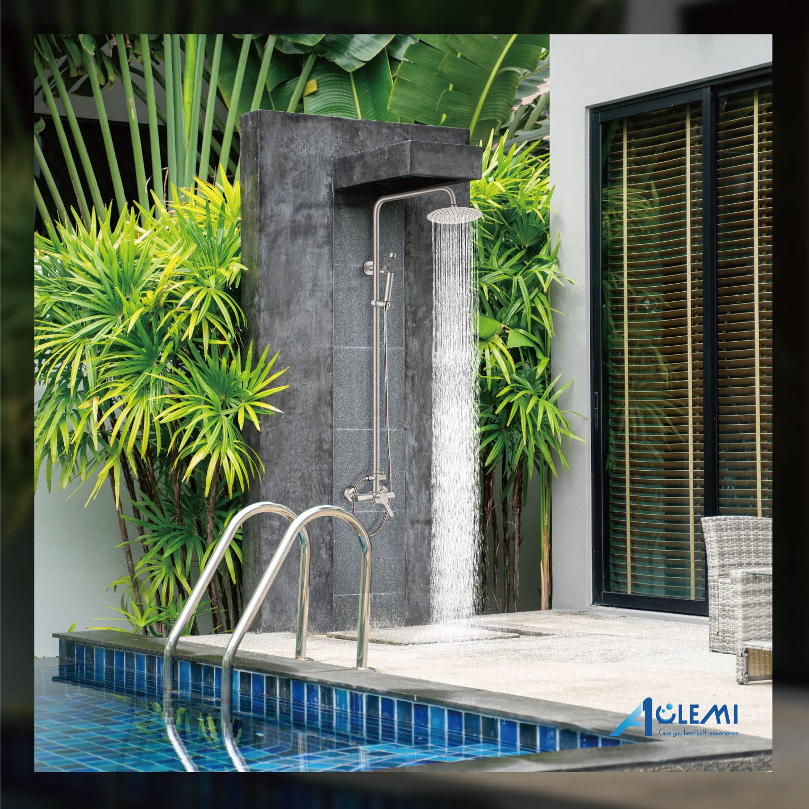 **Aolemi 8 Inch Stainless Steel Outdoor Shower Faucet Set - SUS304 Rainfall Shower Head & High Pressure Hand Spray - 2 Function Wall Mount Kit (Brushed Nickel) for Patio, Poolside & Garden Use**