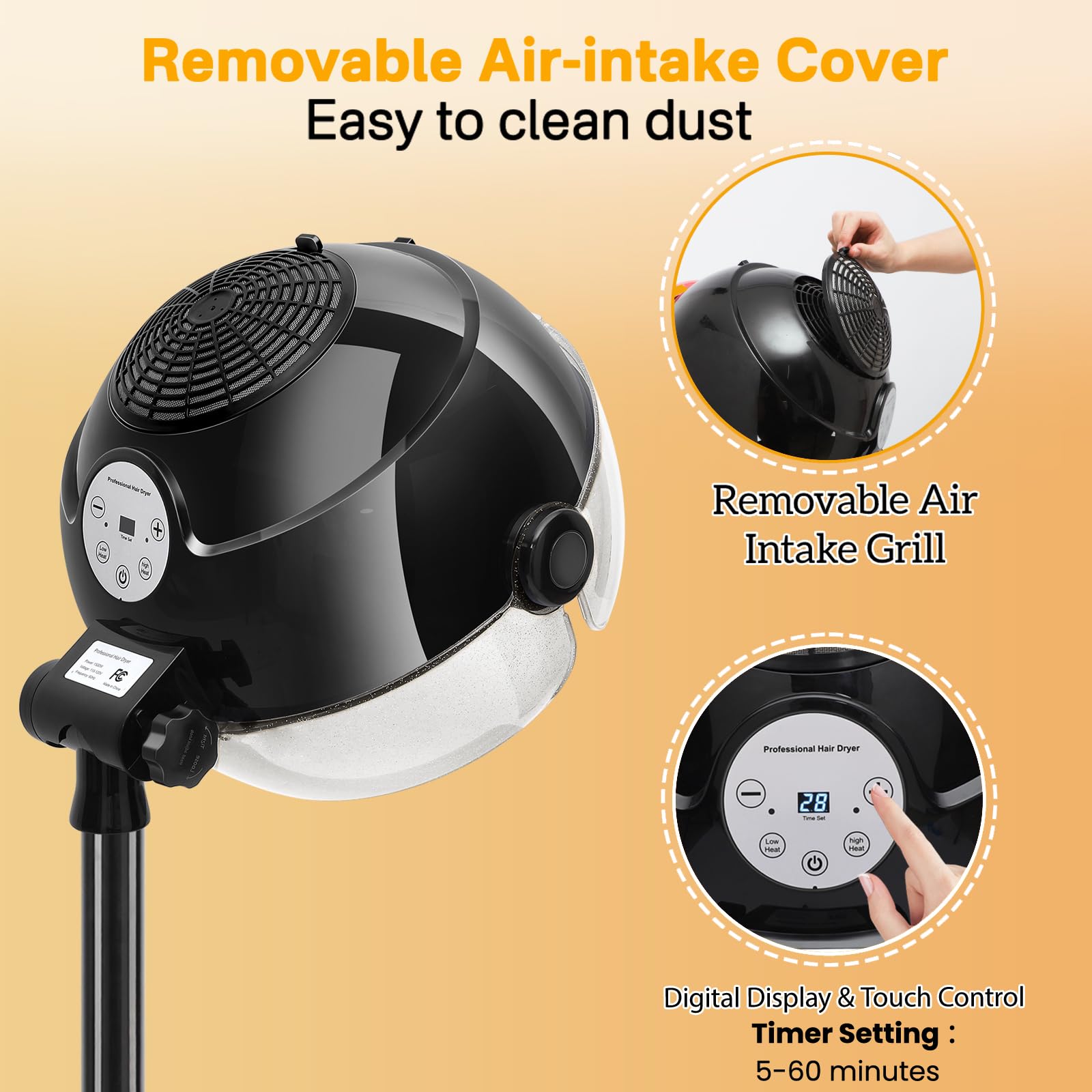 Professional Hooded Hair Dryer with 3 Heat Settings - Adjustable Stand Bonnet Dryer on Wheels for Salon & Home Use - Touch Screen Control for Easy Operation - Perfect for Hair Styling, Perms & Deep Conditioning Treatments