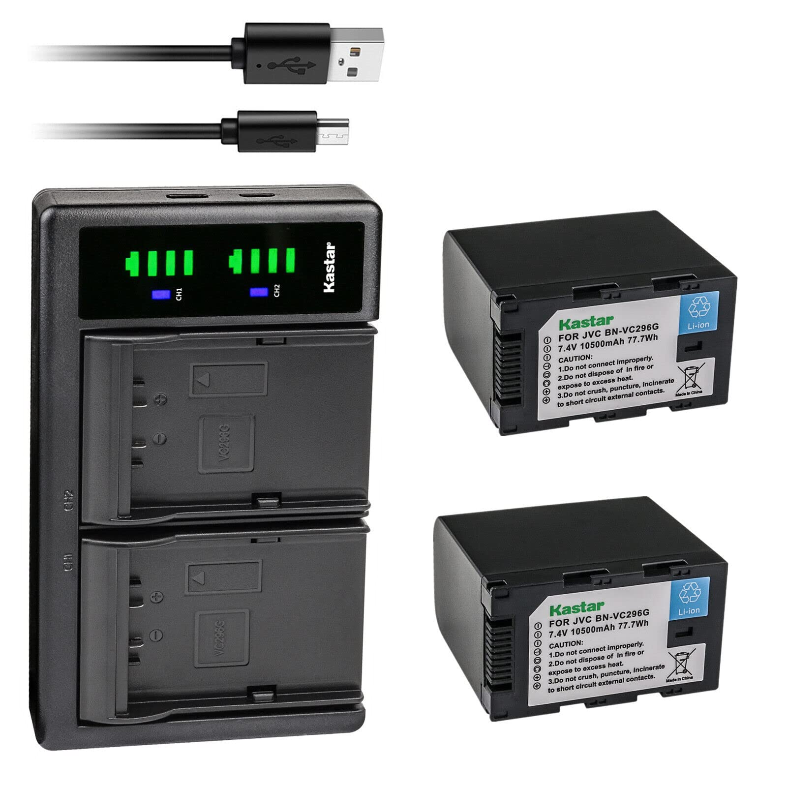 Kastar 2-Pack Replacement Battery & USB Charger for JVC BN-VC264G BN-VC296G - Compatible with GY-HC500 Series, GY-HC500SPC 4K Camcorder, GY-HC550/550E - Perfect for Travel Vlogging, Documentary Filming & Professional Video Recording