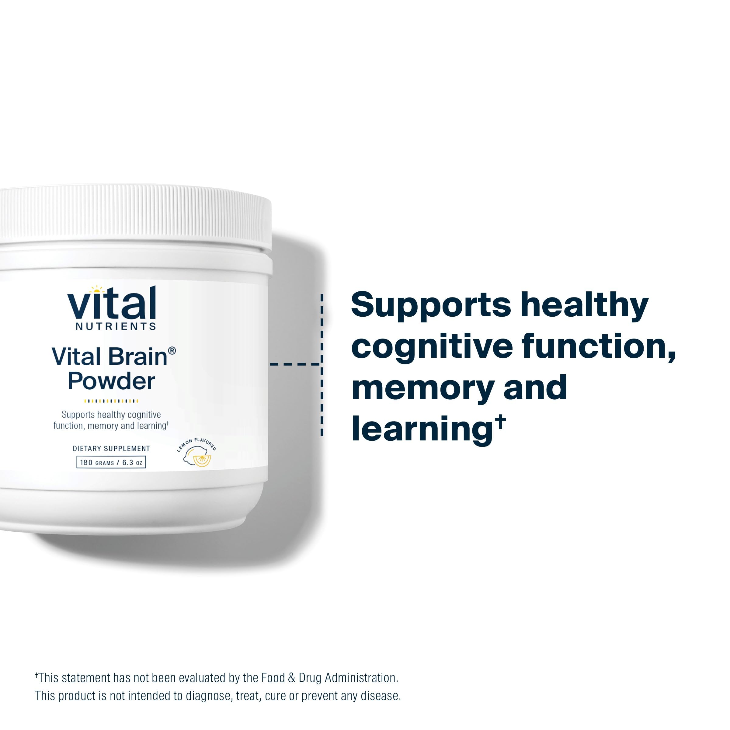Vital Nutrients Vital Brain Powder - Phosphatidylserine & Acetyl-L-Carnitine Nootropic Supplement for Cognitive Function, Memory & Learning | Gluten Free, Dairy Free, Soy Free | Lemon Flavor 150g | Perfect for Students, Professionals & Seniors to Enhance Focus & Mental Clarity