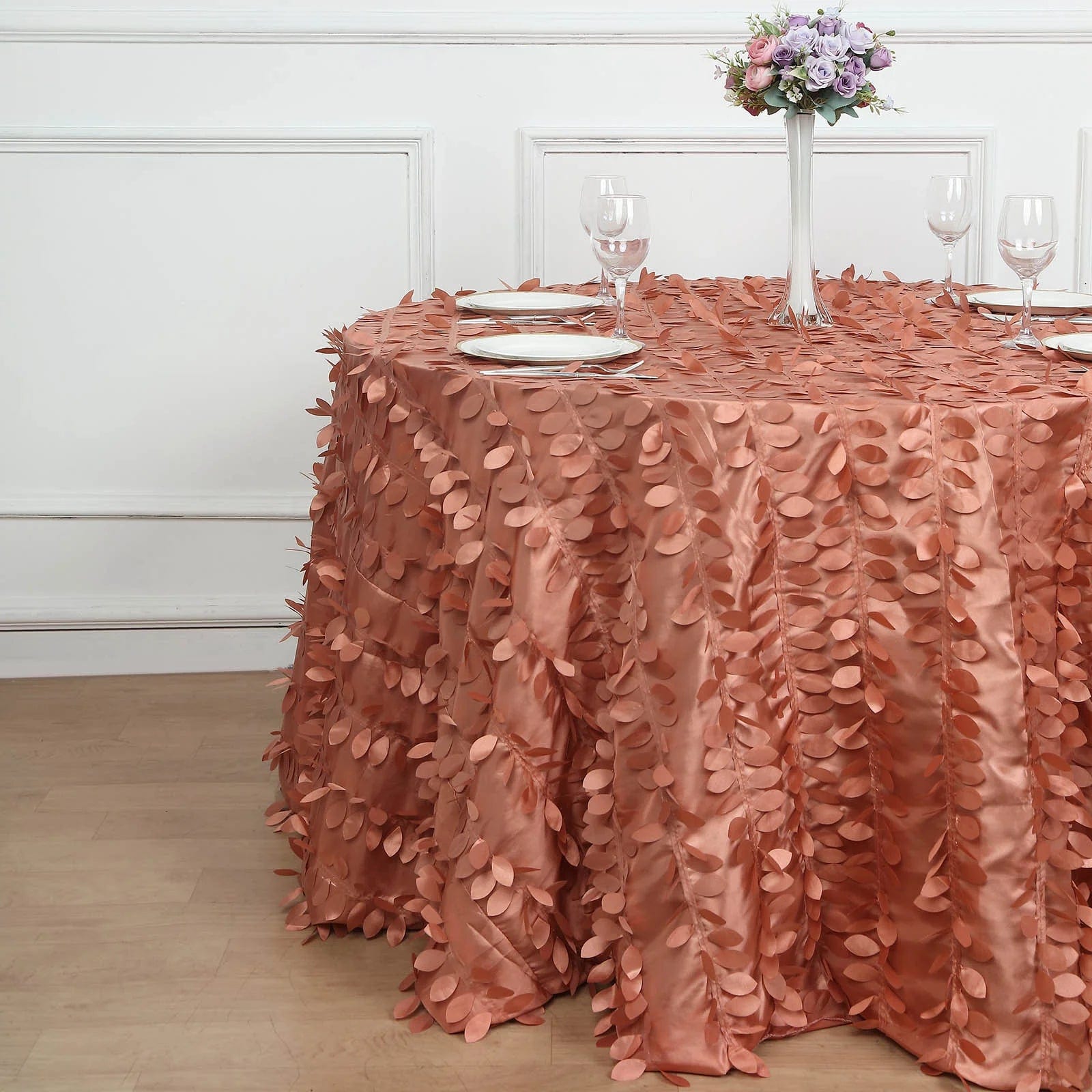 120 Inch Round Taffeta Tablecloth with Elegant Leaf Petal Design - Perfect for Weddings, Banquets, and Formal Dining Events
