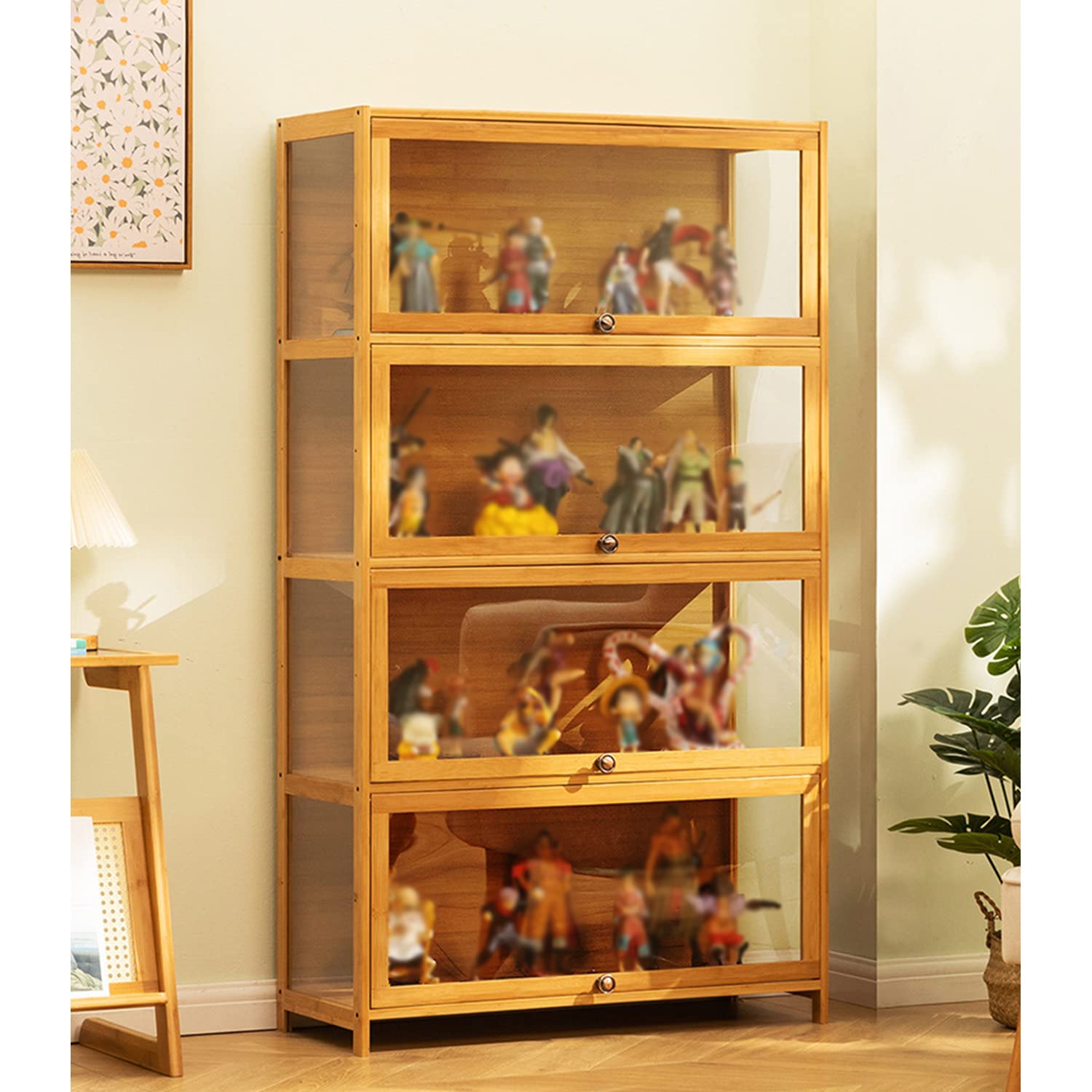 Modern Acrylic Door Display Cabinet - Minimalist 4-Tier Glass Curio Shelf with Bamboo Frame, Easy Assembly (31.5 Inch Length) - Perfect for Showcasing Collectibles, China, or Retail Displays in Living Rooms & Stores