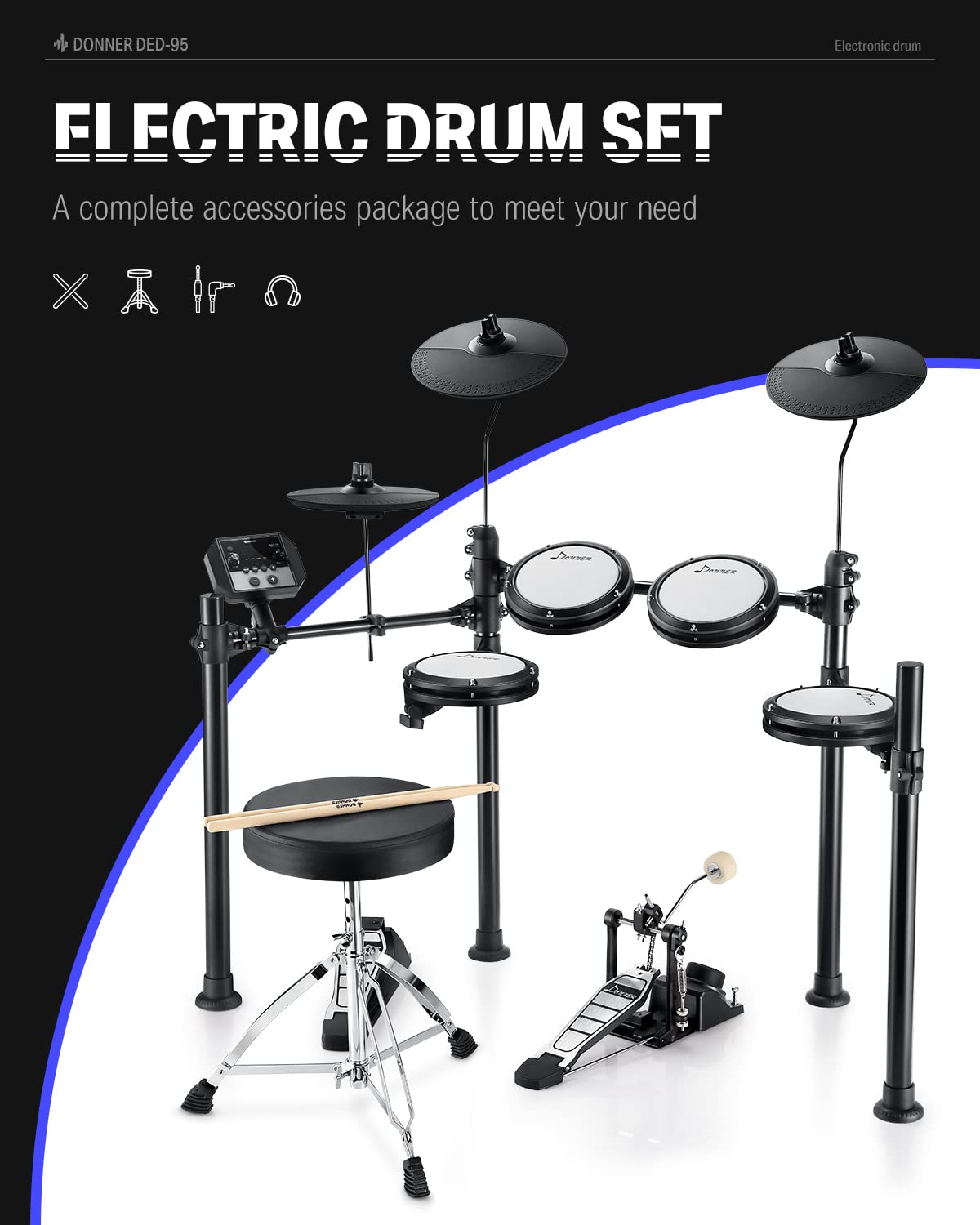 Donner DED-95 Electronic Drum Set for Beginners - 180 Sounds, Quiet Mesh Pads, Kick Drum, Drum Throne, Sticks & Headphones Included - Perfect for Home Practice, Studio Recording & Music Learning with 40 Free Melodics Lessons (Black)