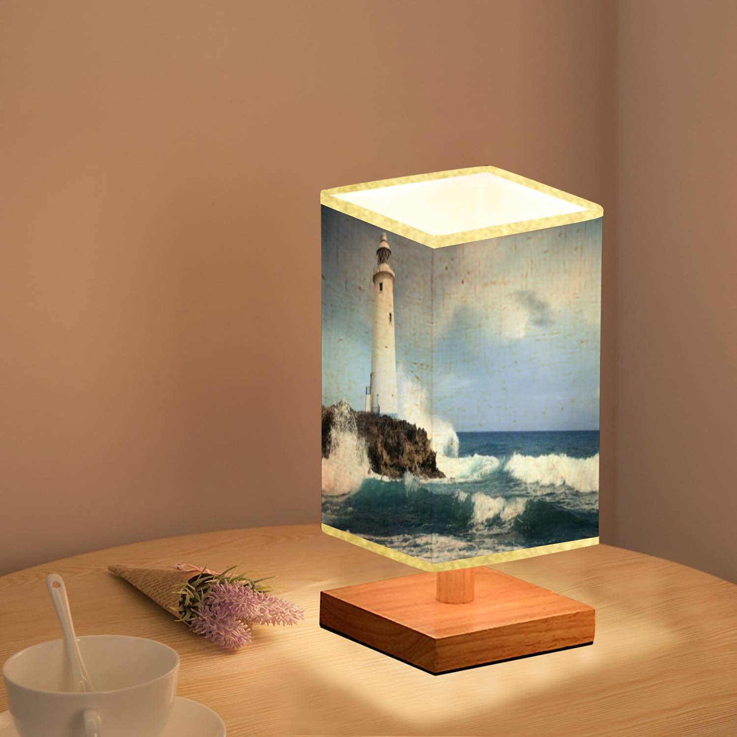 White Lighthouse on The Cliff Square Bedside Table Lamp - Wooden Base with Flaxen Fabric Shade, Dimmable Nightstand Lamp for Bedroom & Living Room (5.5x10 Inch) - Perfect for Coastal Decor, Reading Nook & Guest Room Ambiance
