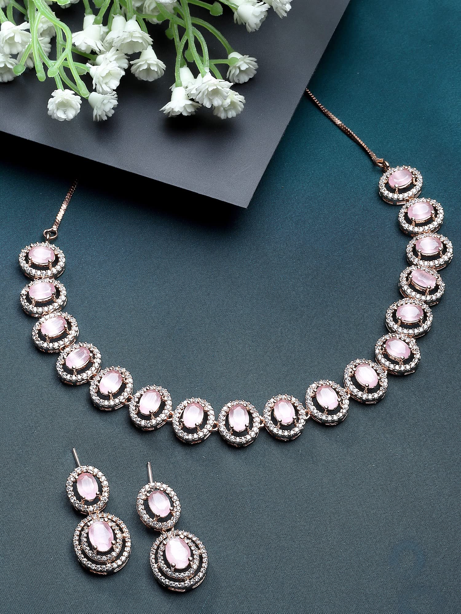 Karatcart Pink CZ Studded Rose Gold Plated Necklace Set for Women | Elegant Jewelry Gift for Valentine's Day, Anniversary & Special Occasions