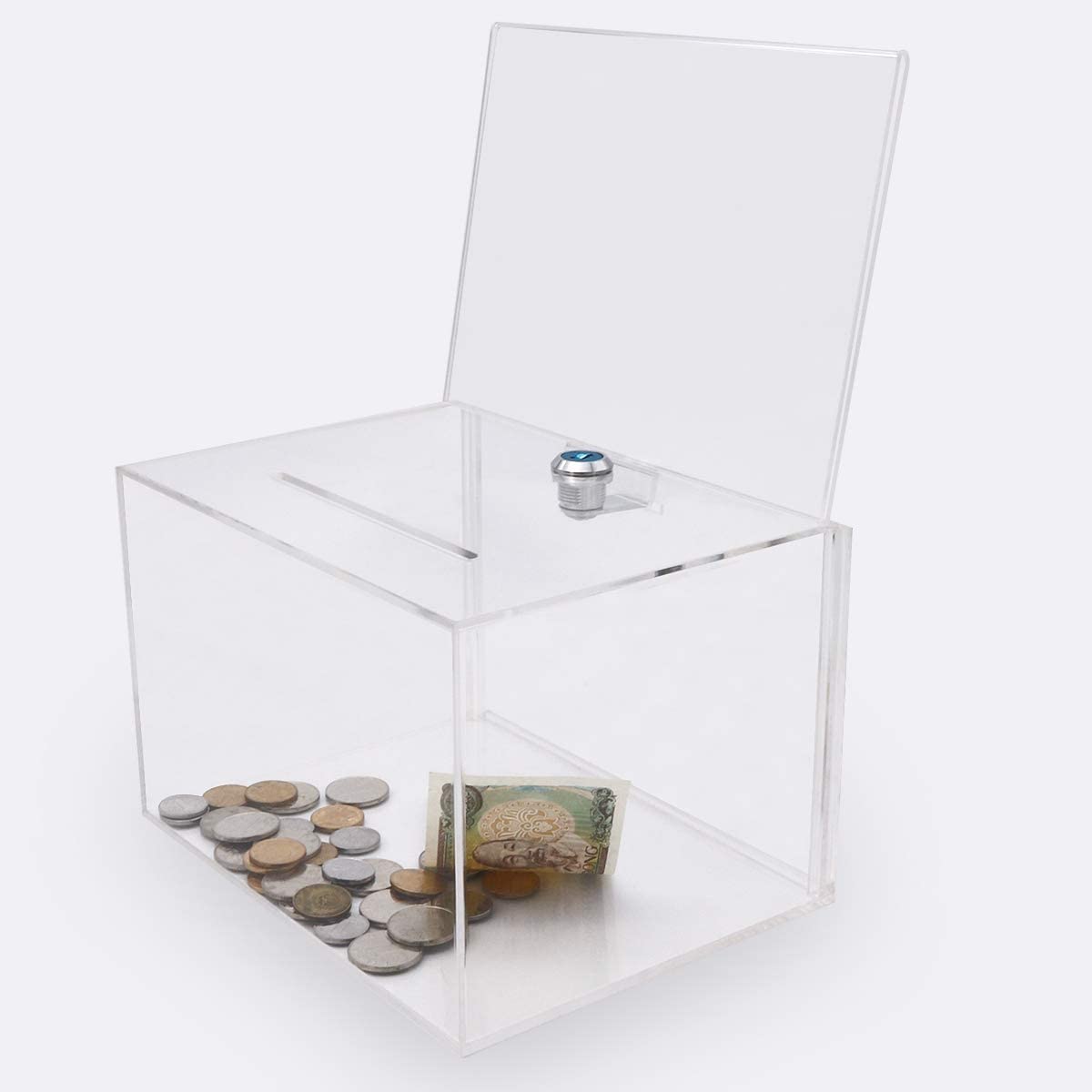 Secure Acrylic Donation Box with Lock - Large Clear Plastic Ballot Box for Fundraising, Voting & Charity Events - Includes Sign Holder & Business Card Slot - Perfect for Churches, Schools & Community Centers