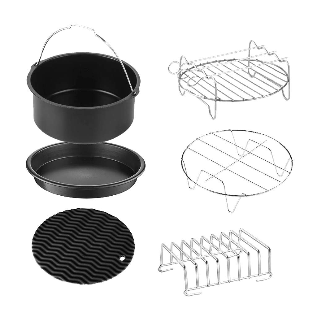 QUQUTWO 6-Piece 7-Inch Pizza Pan Set for Air Fryer - Nonstick Baking Grill Rack & Cake Barrel - Black & Silver - Perfect for Air Fryer Cooking, Baking Pizzas, Cakes, and Roasting Vegetables