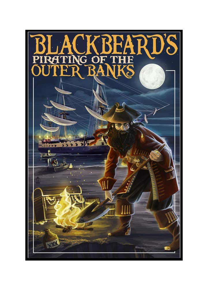 Blackbeard Pirate & Queen Anne's Revenge Framed Canvas Art Print (24x36 Inch) - Outer Banks North Carolina Wall Decor for Living Room, Bedroom, Office