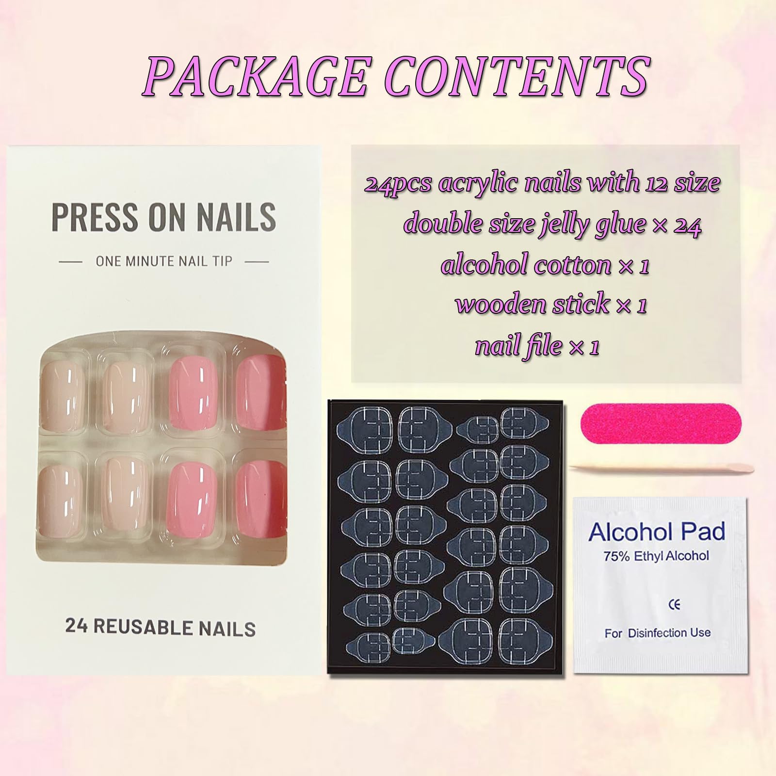 Valentine's Day Press On Nails Short Square Fake Nails - 24Pcs Heart Design Glossy Pink False Nails with Glue | Full Cover Stick On Nails for Women | Perfect for Date Night, Bridal Shower & Romantic Occasions
