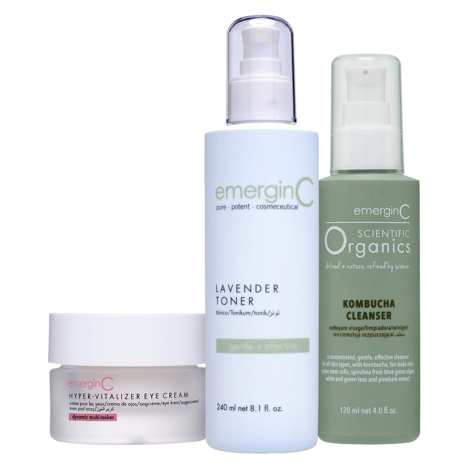 Scientific Organics Kombucha Facial Cleanser (4 oz) + Lavender Toner (8.1 oz) & Vitamin C Eye Cream (1.7 oz) - Brightening Skincare Set for Acne, Dark Spots & Wrinkles | Perfect for Daily Routine & Travel