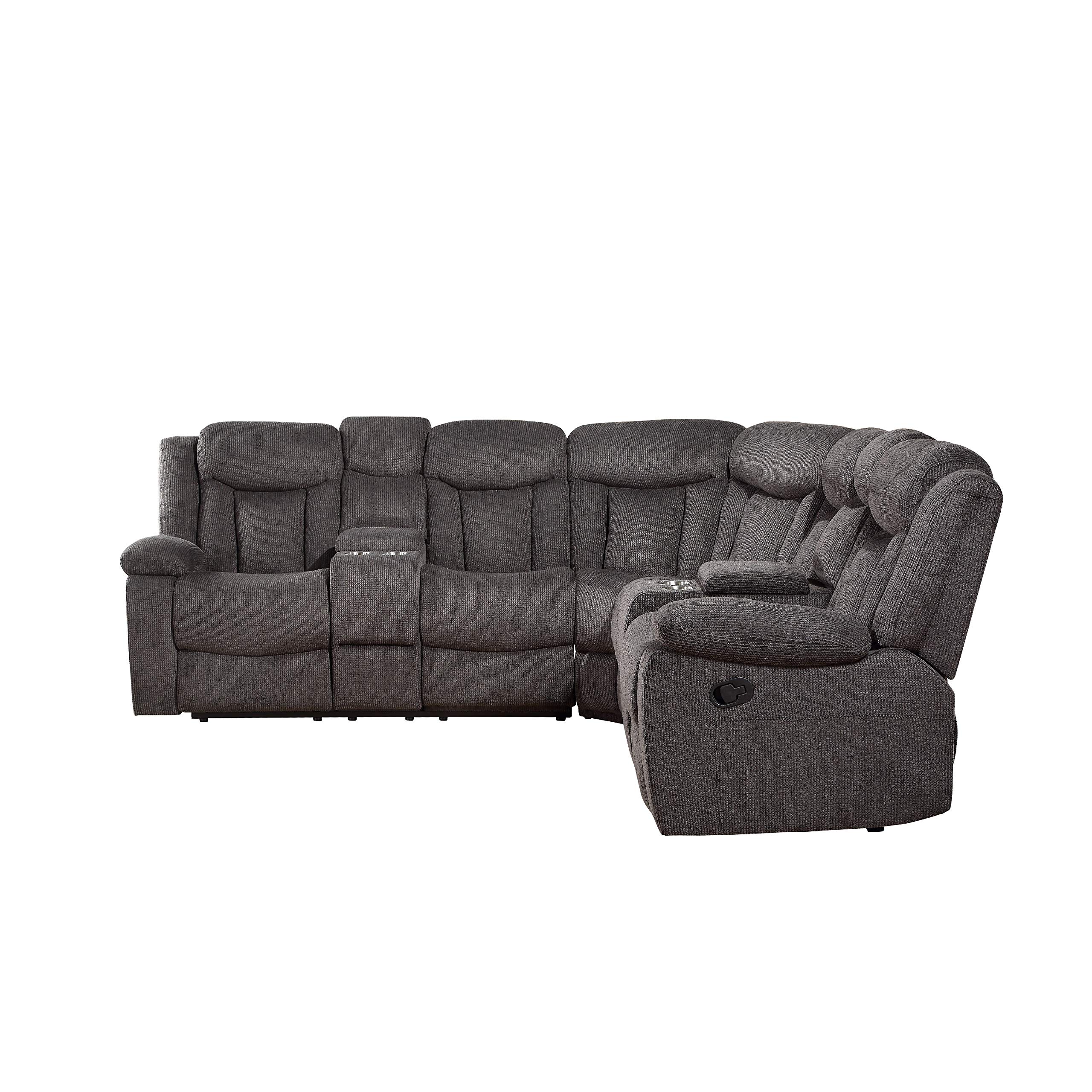 Benjara L-Shaped Reclining Sectional Sofa with 2 Consoles & Cup Holders - Brown Leather Living Room Furniture for Family Movie Nights & Home Theater Comfort