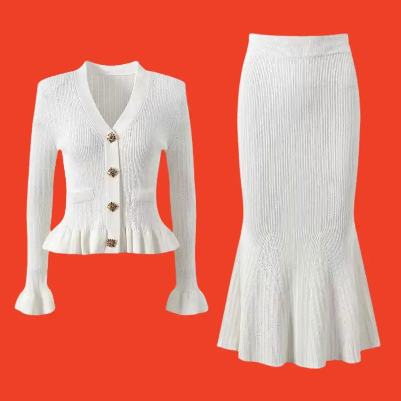 Vintage Women's Long Sleeve Ruffled Cardigan & High Waist Wrap Fishtail Skirt 2-Piece Set - Autumn Winter Knit Sweater Outfit for Casual Wear, Office, Date Night