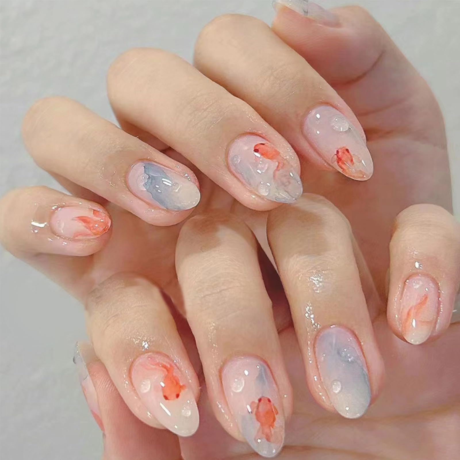 3D Water Drop Goldfish Press-On Nails - Short Almond Fake Nails with Blue Gradient Design, Glossy Full Cover Acrylic Stick On Nails for Women (24Pcs) | Perfect for Summer Manicures, Beach Vacations & Nail Art Decor