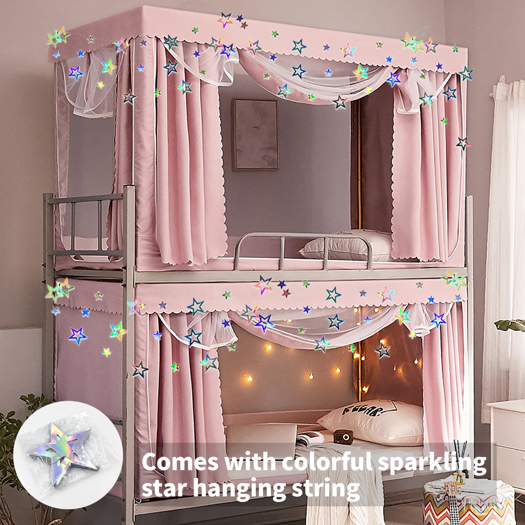 **ATKITS Canopy Bed Curtains & Bunk Bed Tent - Twin Top Bunk Bed Cover with Frame Post Poles, Starry Pink Design for Dorm Rooms & Kids' Bedrooms | Perfect for Student Dorm Decor, Privacy & Cozy Sleeping Space**