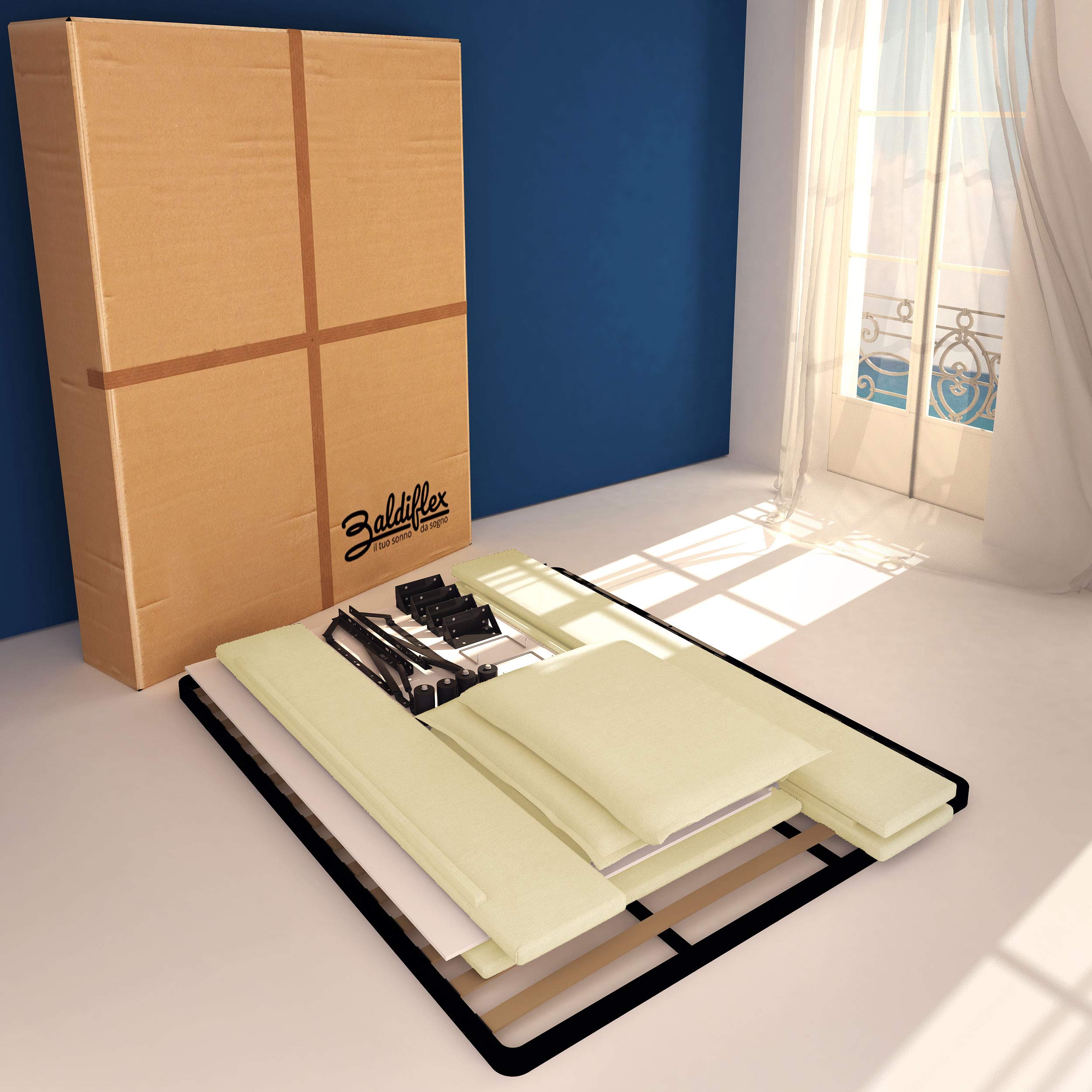 Baldiflex Licia Queen Size Bed Frame with Storage, Synthetic Upholstered Headboard, Slatted Base - Cream, 160x190cm - Perfect for Small Bedrooms & Guest Rooms