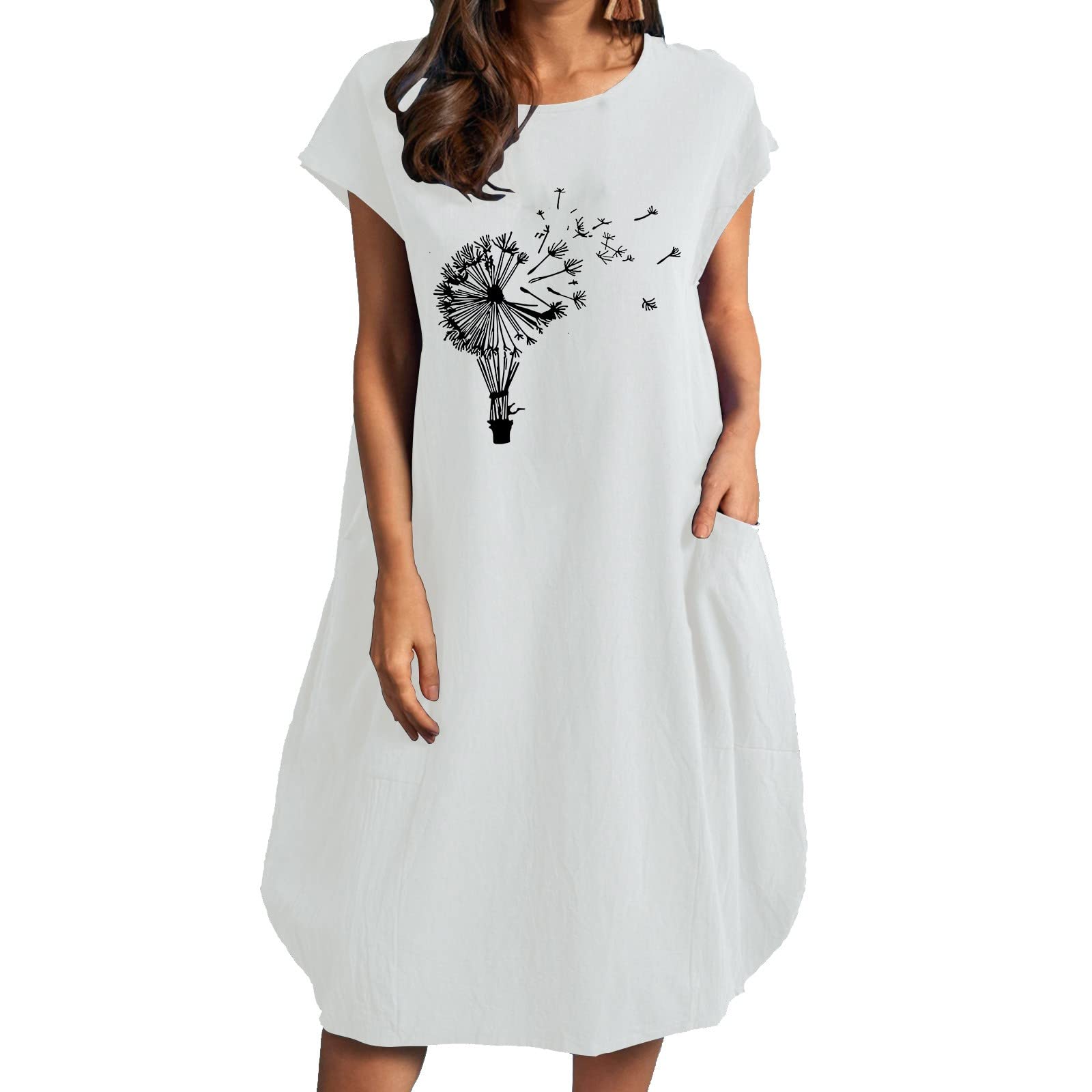 Women's Dandelion Print Loose Short Sleeve Summer Dress - Casual Round Neck Flowy T-Shirt Dress for Beach, Vacation & Everyday Wear