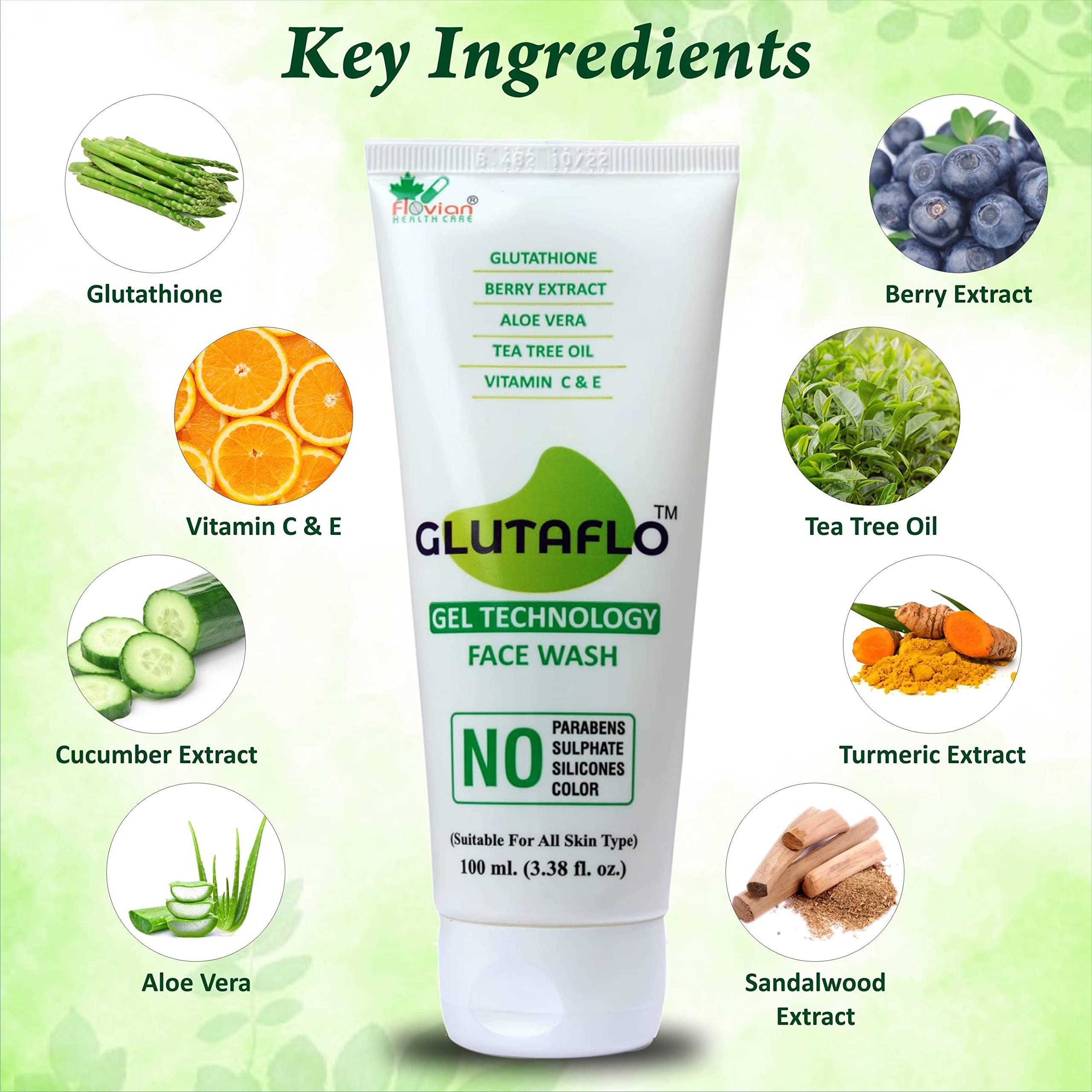GLUTAFLO Glutathione Face Wash with Berry Extract & Tea Tree Oil - Vitamin C & E Enriched Cleanser for Glowing Skin - All Skin Types (100ml) | Perfect for Daily Skincare Routine & Acne-Prone Skin