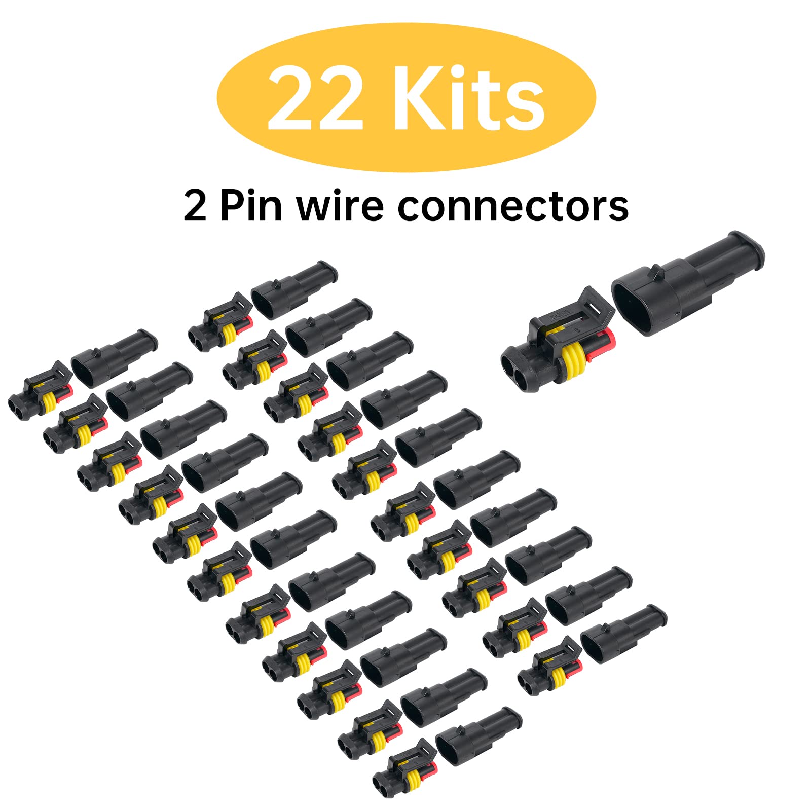 2 Pin Waterproof Automotive Electrical Connectors - 22 Kits Quick Disconnect Wiring Connectors for Car, Truck, Boat & RV Electrical Systems - Ideal for Marine, Off-Road & DIY Vehicle Wiring Projects