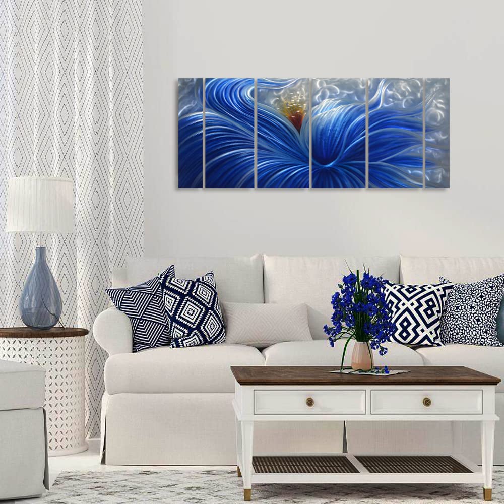 Handmade Blue Flower Metal Wall Art - Abstract Modern & Contemporary Wall Sculpture - Silver Aluminum Wall Decor - 6 Panels 65