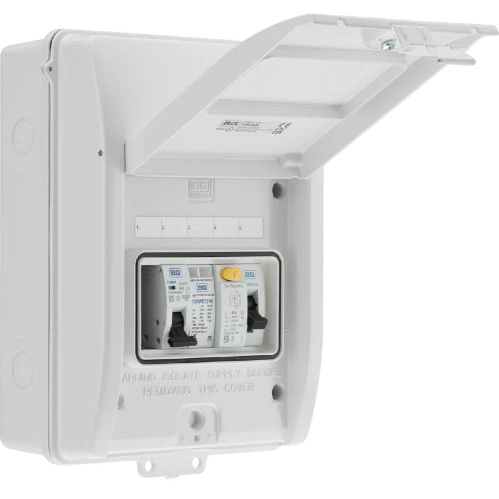 BG Fortress 5 Module Enclosure - 40A 30mA RCD, 40A MCB Type 2 SPD with 1 Spare Way - White CFEV5AW - Perfect for Home & Commercial Electrical Protection Systems